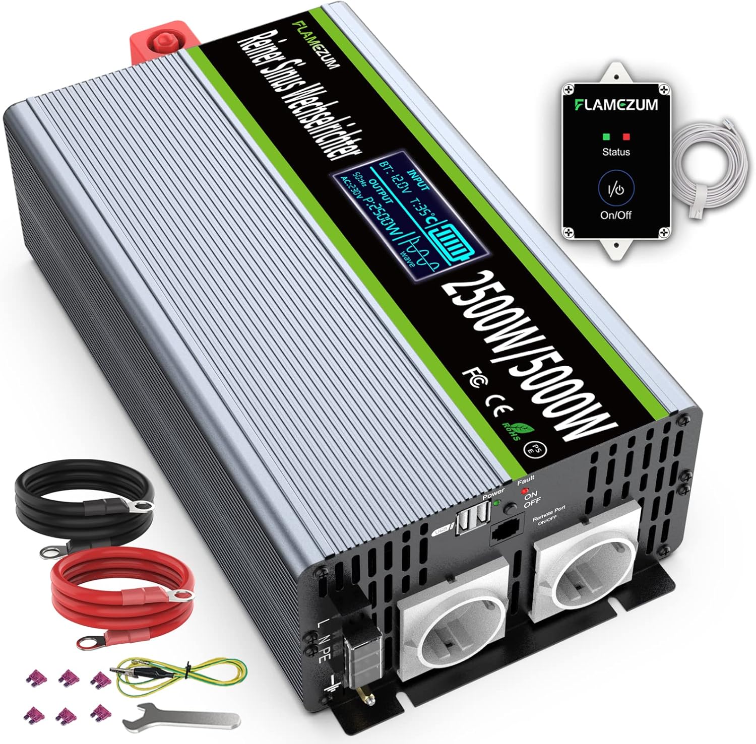 FLAMEZUM Power Inverter 12v 220v Onda 2500W Invertitore di Tensione con 2 Prese AC,2 Porte USB