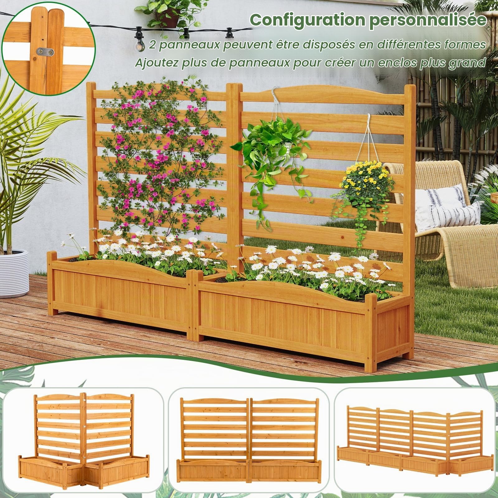 GOPLUS Jardinière Surélevée avec Bac à Fleurs en Bois, Clôture Décorative Brise Vue Jardin Pour Plantes Grimpantes avec Jardinières 85x28x101CM Autoportant avec Trous Drainage (2 Panneaux,Jaune)