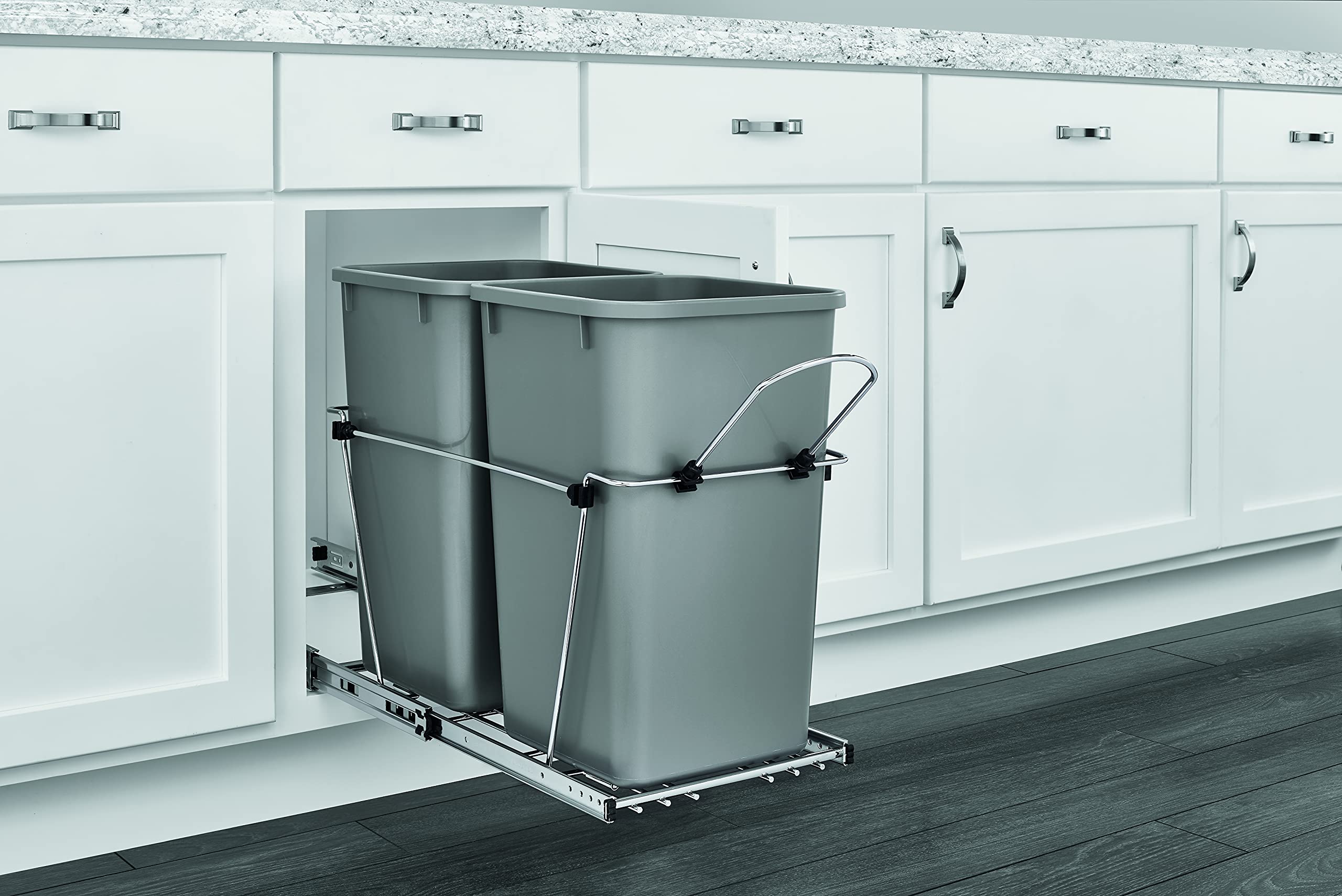 Rev-A-Shelf Pullout Trash Can for Kitchen Cabinets 27 Qt Garbage Waste Recycling Bin w/Full Extension Slide, Metallic Silver, RV-15KD-17C S
