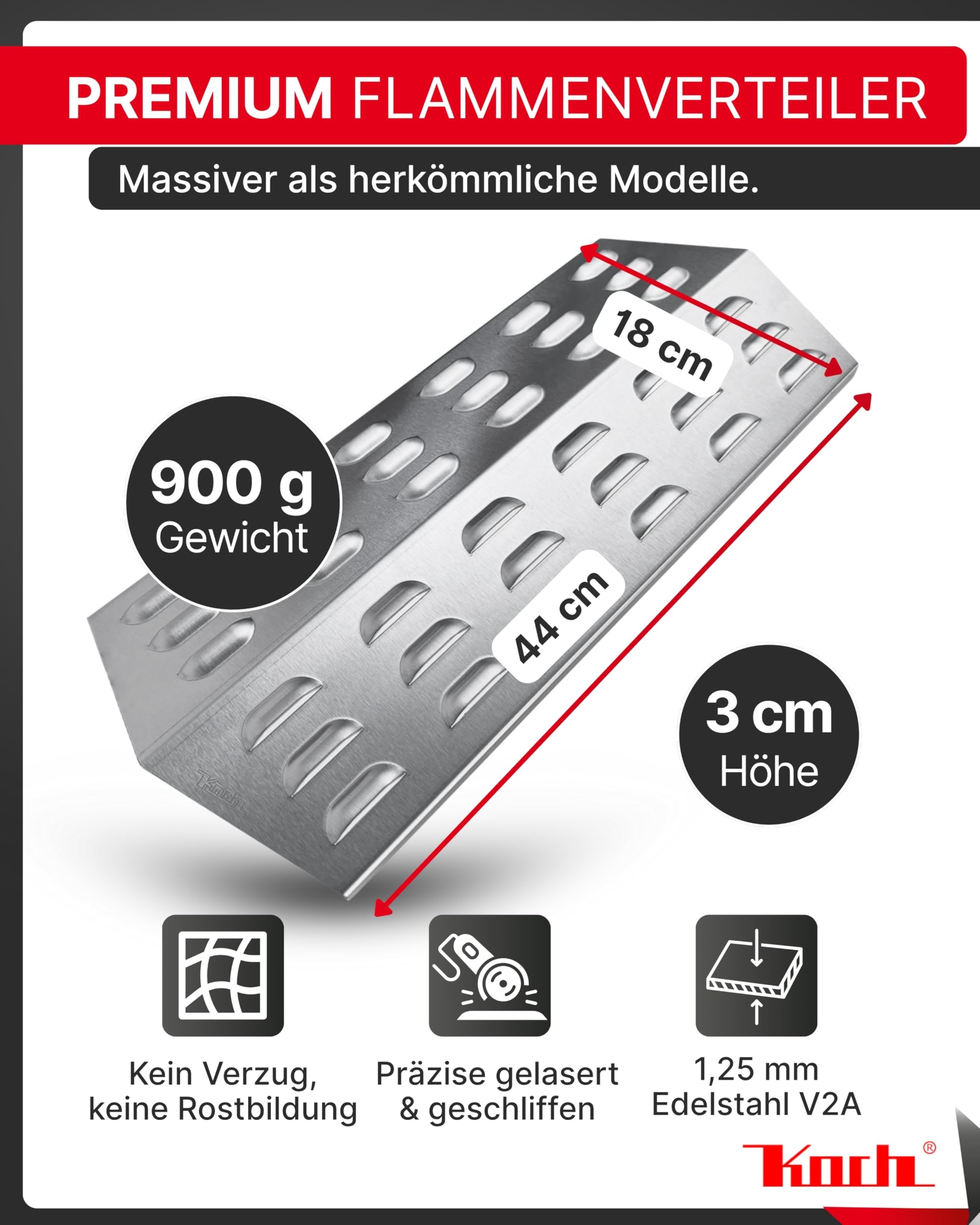 Koch #15 Rostfreier Flammenverteiler 440 x 180mm für Gasgrill - Tischgrill Flammenblech zB für Hornbach Gasgrill 2 Brenner, Mahto, Abington - massiver Edelstahl Stärke 1,25mm 900g