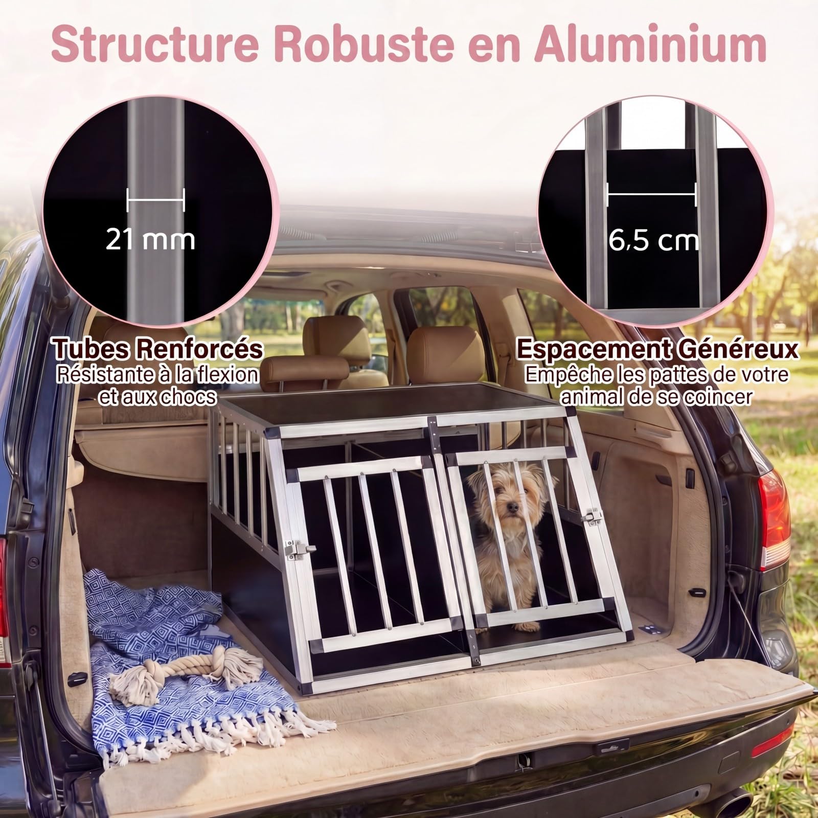GYMAX Cage pour Chien avec Double Chambre, Séparateur Amovible, Porte Verrouillable, Niche avec Cadre Métallique, Caisse de Transport Voiture Trapézoïdale pour Petits Chiots, 80 x 65 x 48 cm