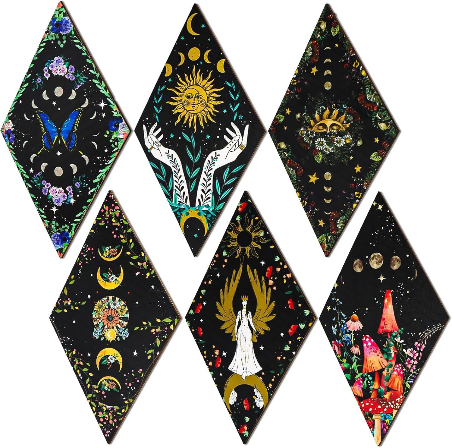 Malloom 6 Pcs Boho Wooden Wall Art Decor Rustic Gothic Witchy Hanging Wall Decor with Sun Moon Butterfly for Bedroom Living Room Farmhouse Office Bohemian Wall Hanging Decor