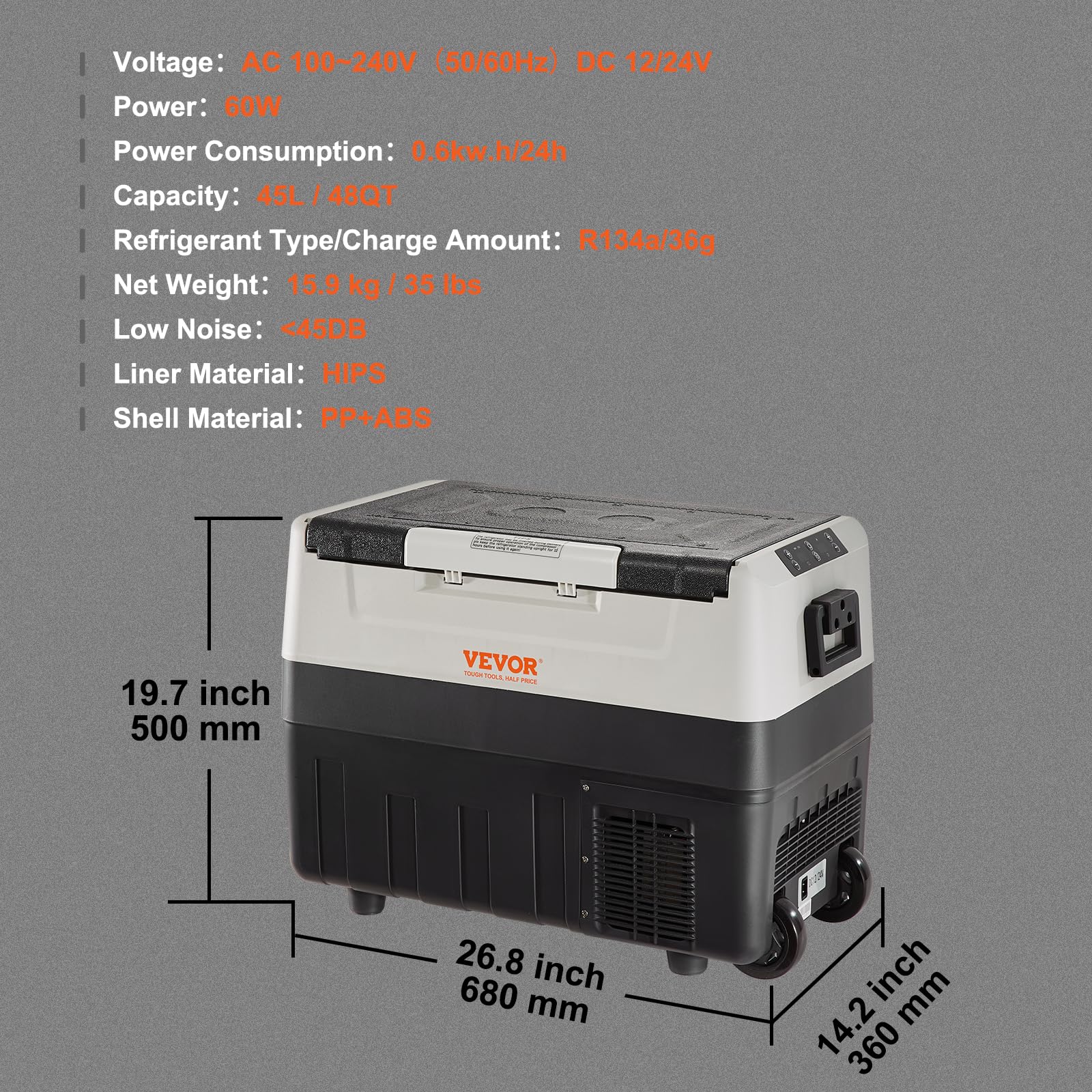 VEVOR Lodówka kempingowa 45 l, 12/24 V, zwijana elektryczna zamrażarka 2 w 1, podwójna strefa 2 w 1, kompresor do utrzymywania ciepła i chłodzenia, 60 W, przenośna rączka, do łodzi, ciężarówki,