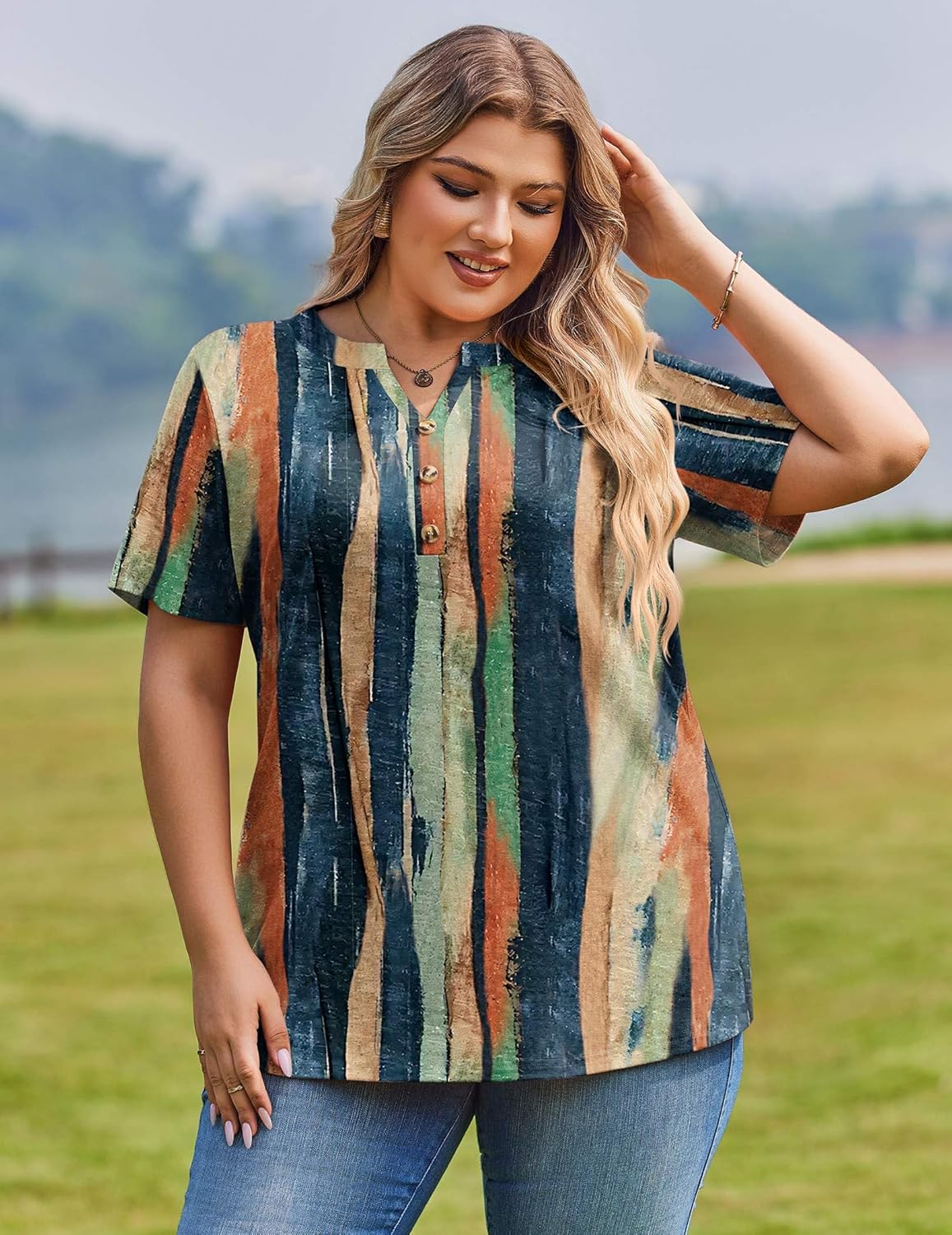 IN'VOLAND Womens Plus Size Tops V Neck Button Down Tshirts Short Sleeve Dressy Casual Tunic Blouses Summer Outfits 1X-5X - Image 3