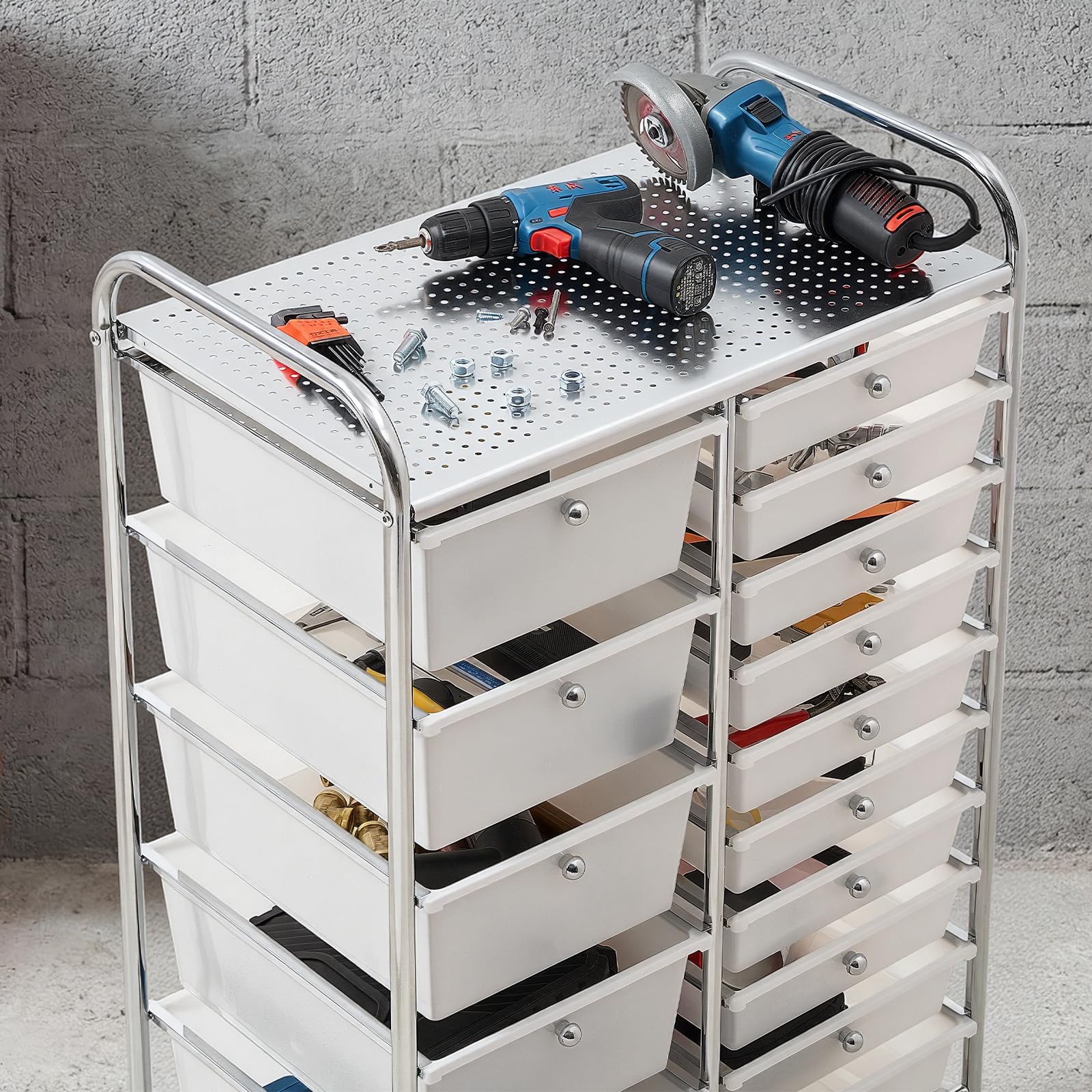 VEVOR Carrello Multiuso con Cassetti Organizer a Doppia Fila con 15Cassetti, Carrello Portaoggetti, Telaio in Acciaio Cromato, Ruote Girevoli a 360° con 2 Freni, Ideale per Ufficio, Garage e Studio