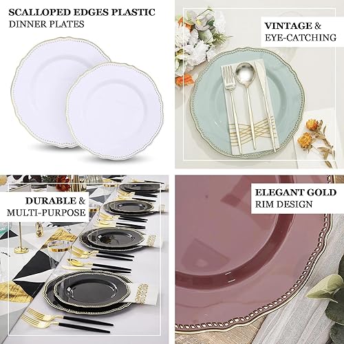 Miniatura 4 de Efavormart - Paquete de 10 platos llanos de plástico con borde festoneado blancodorado de 9 pulgadas, platos desechables de fiesta para bodas,