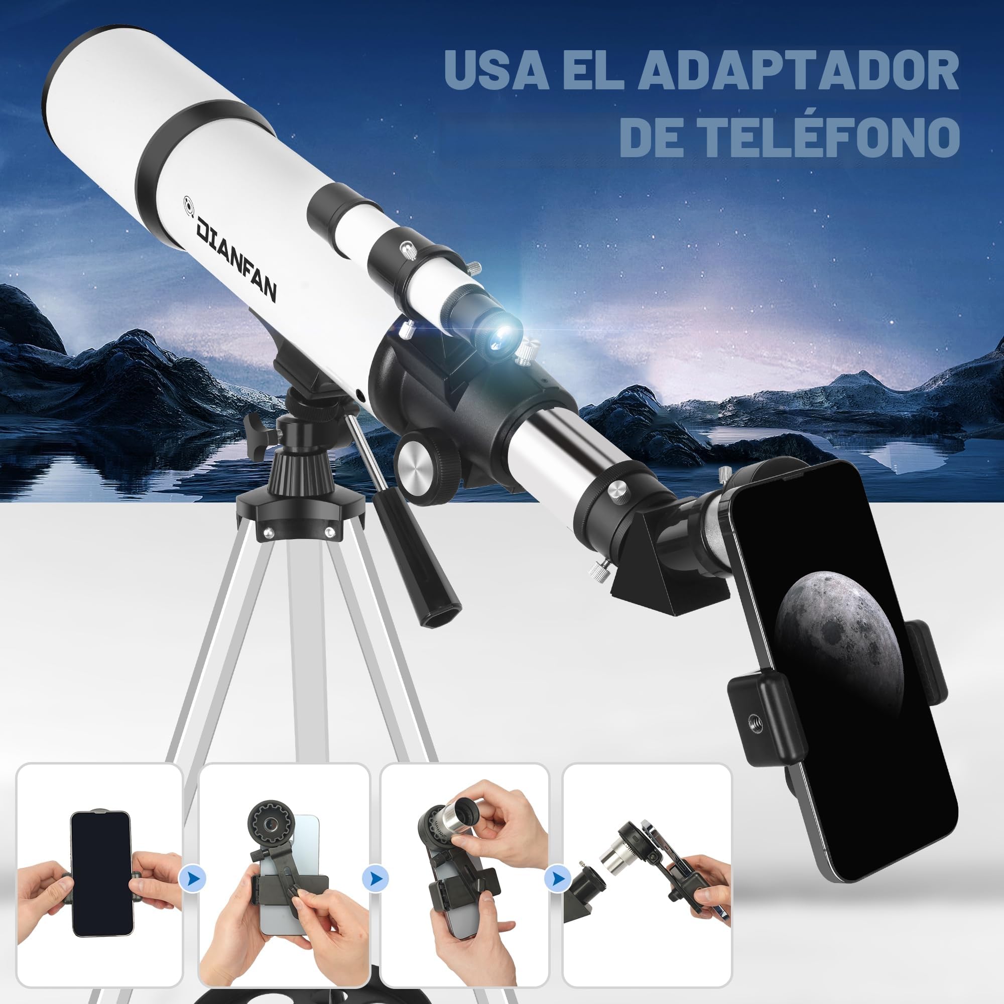 Dianfan Telescopio,80mm Apertura 600 mm Telescopio Astronómico para Adultos Principiantes en Niños,Potente Profesional Refractor Alta Transmisión,con Montaje AZ,Trípode,Adaptador de Teléfono y Bolsa