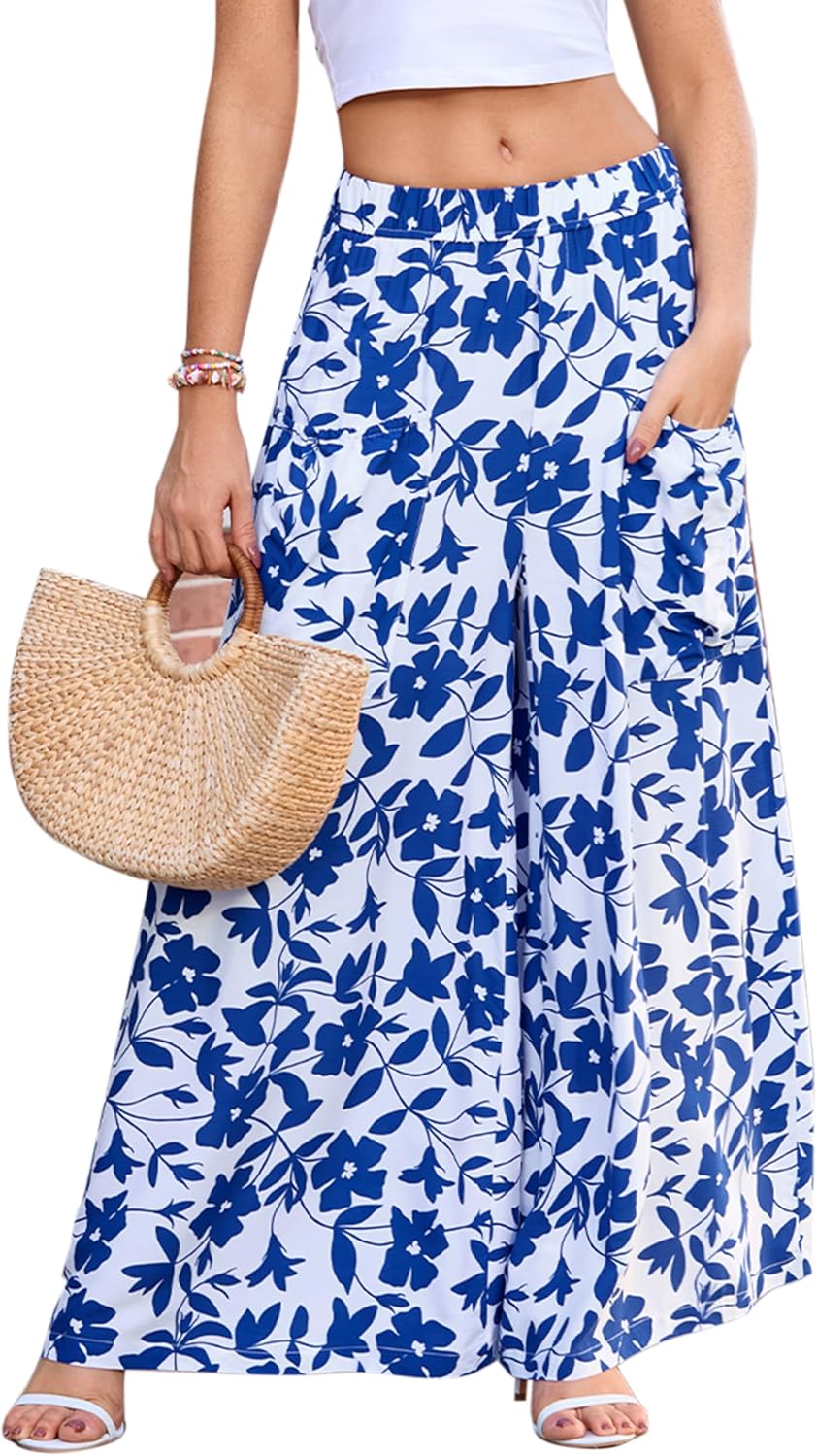 WeciBor Women's Boho Floral Palazzo Wide Leg Pants with Pockets Loose Flowy Casual Beach Vacation Outfits