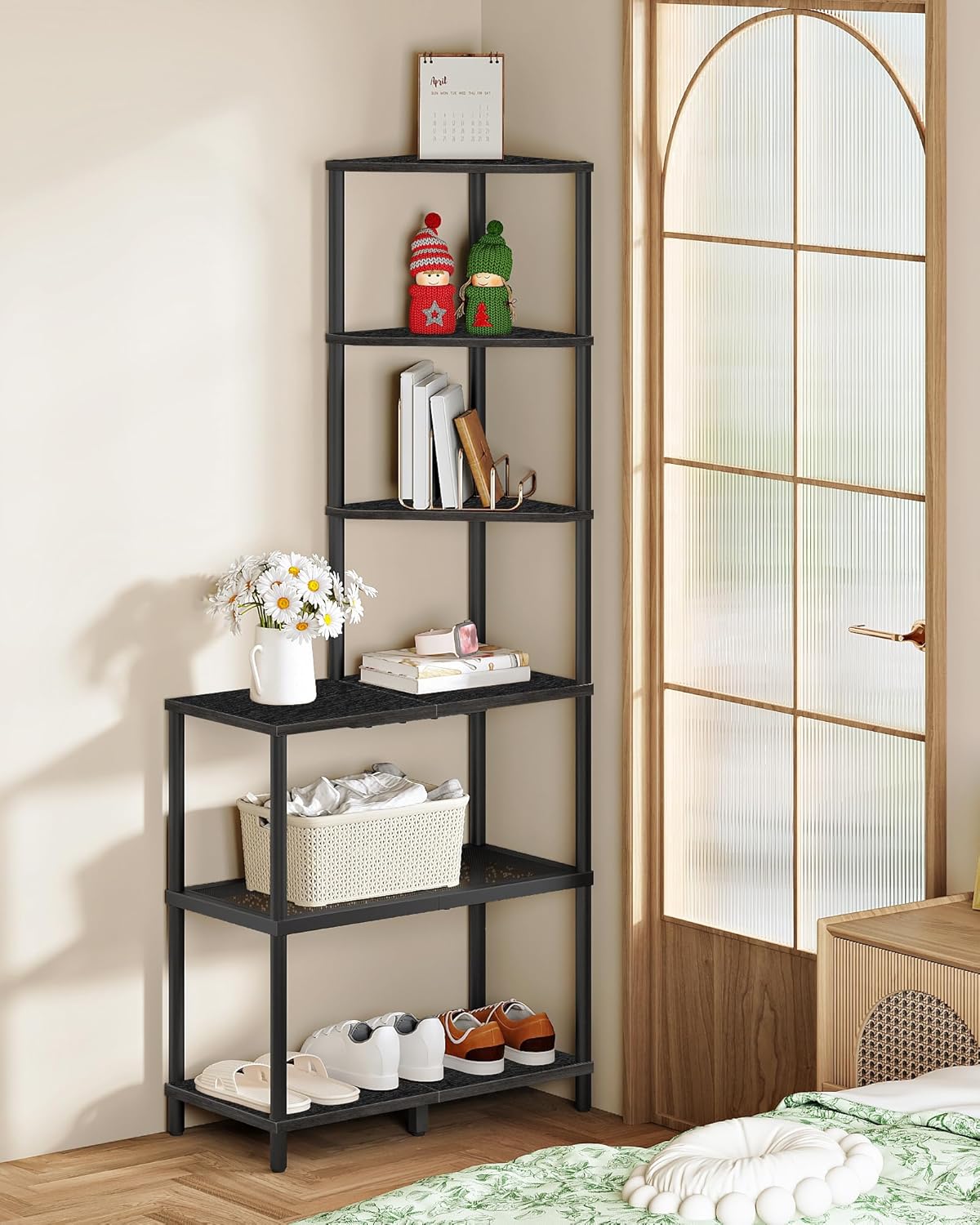 6-Tier Corner Shelf, Industrial Corner Bookshelf with Desk Top, Diamond-Shaped Storage Shelves, Display Stand for Small Spaces, Living Room, Home Office, Foyer, Black TCJ70BB