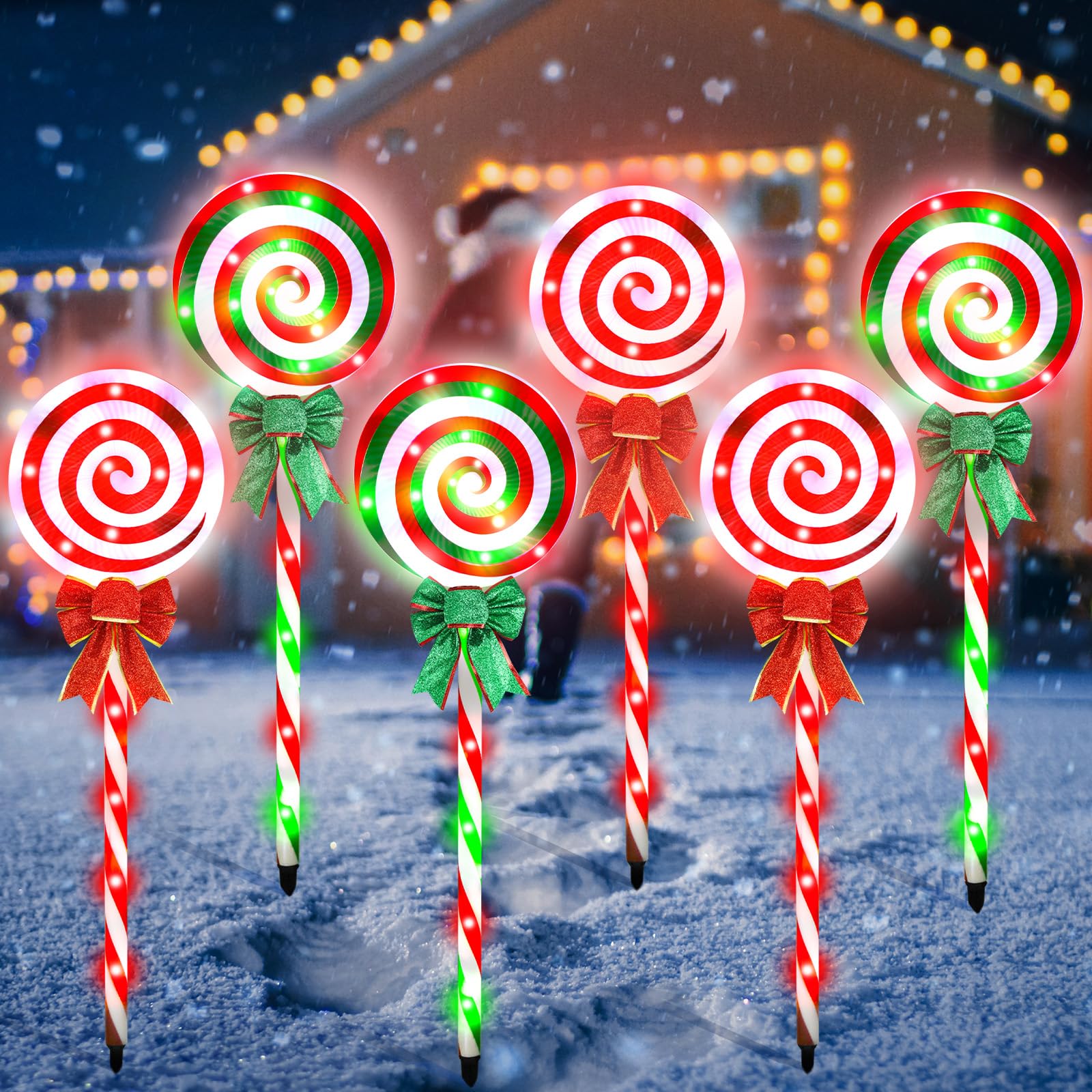 Kenburg 6PC Christmas Pathway Lights Outdoor Decorations, 28 Inch Lollipop Walkway Stake 8 Lighting Modes Flickering Candy Marker Waterproof Outside Christmas Decor for Garden Yard Lawn ( Red Green)