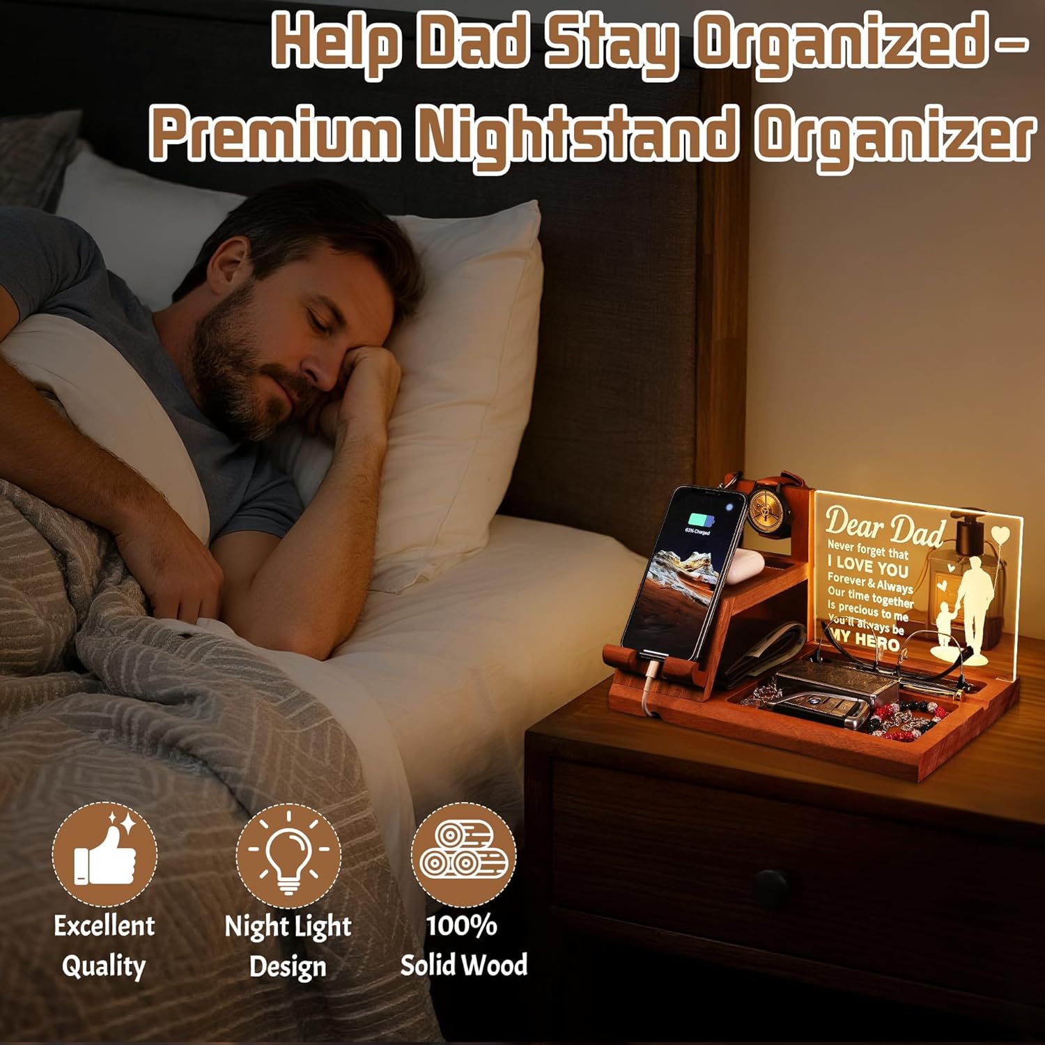 Attivolife Dad Gifts Idea LED Phone Docking Station Desk Organizer, Cell Phone Stand with Night Light, Best Dad Ever Gift for Father's Day, Key Holder, Stand for Wallet Watch Essentials