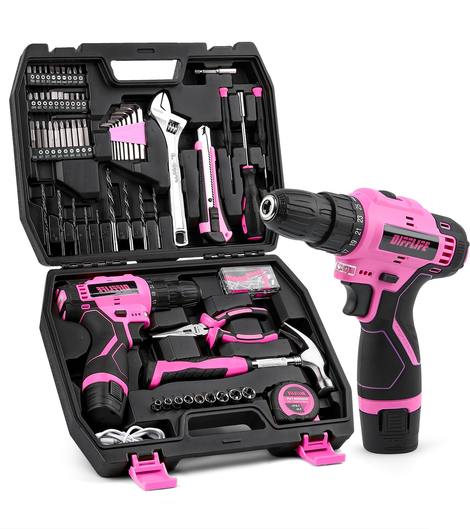 DIFFLIFE 147 Piece Pink Power Drill Drivers Tool Set with 12V Cordless Drill, Professional Household Home Tools Kit Set, DIY Pink Electric Drill