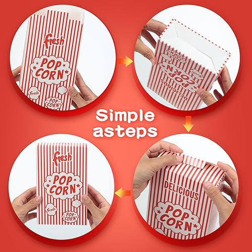 Miniatura 4 de Potchen 200 cajas de palomitas de maíz rojas y blancas con cierre de rayas en la parte superior, 1.25 onzas para fiestas de cine y suministros