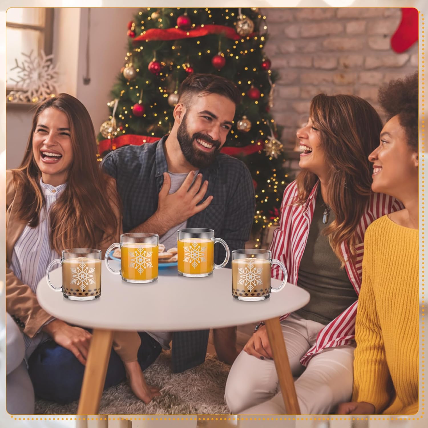 Suclain 4 Pcs Winter Snowflake Glass Mug with Handle 12 oz Christmas Glass Coffee Mugs for Hot Cold Drinks Silver Snowflake Coffee Cups for Tea Winter Xmas Gifts Party Supplies