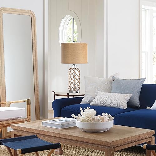 Miniatura 7 de PARTPHONER Moderna lámpara de mesa costera, florero de botella de vidrio transparente con red de cuerda y pantalla de tambor de arpillera, control