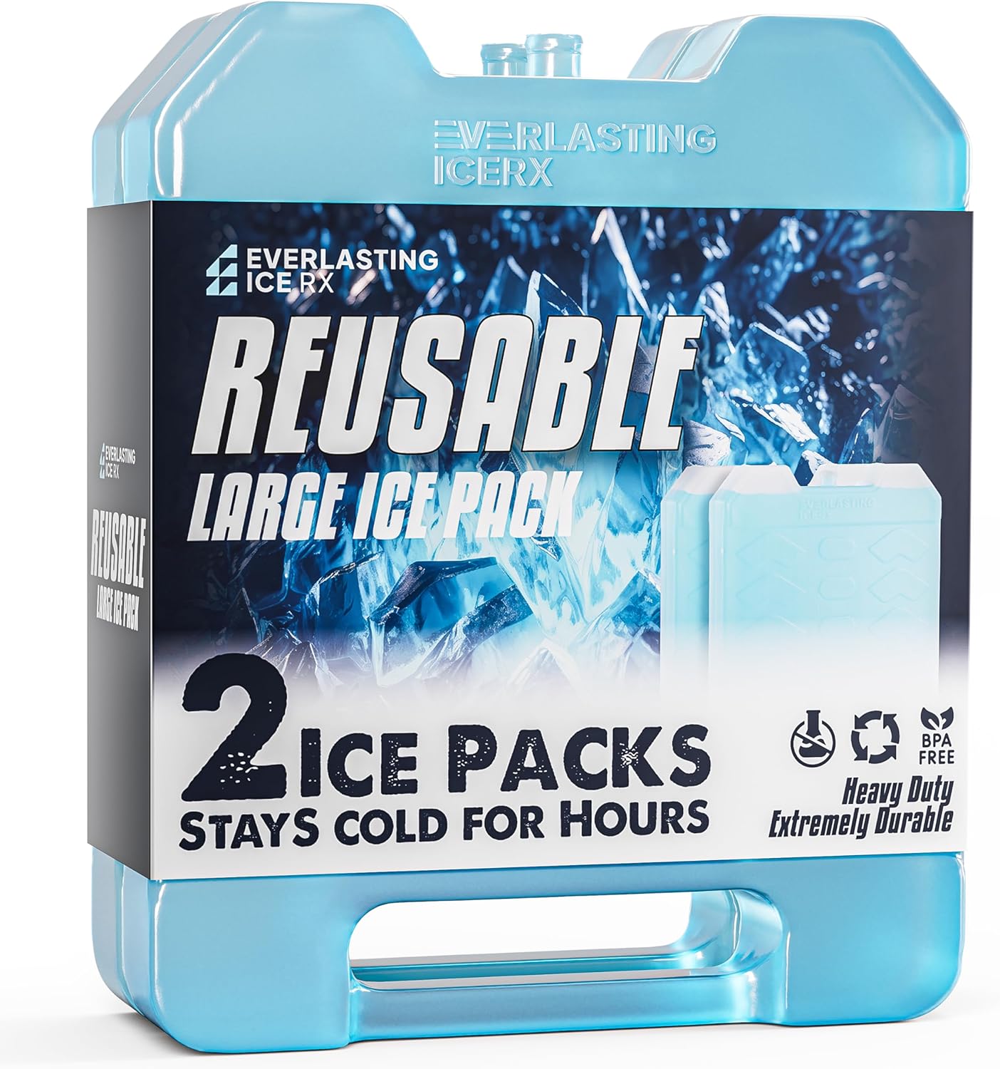 Everlasting Ice RX Large Reusable Ice Packs for Cooler with Handle (4 Pack) Long Lasting Coolness, BPA Free, Freezer Packs for Extended Cooling | Cooler Ice Packs for Camping, Fishing, Hiking, Beach