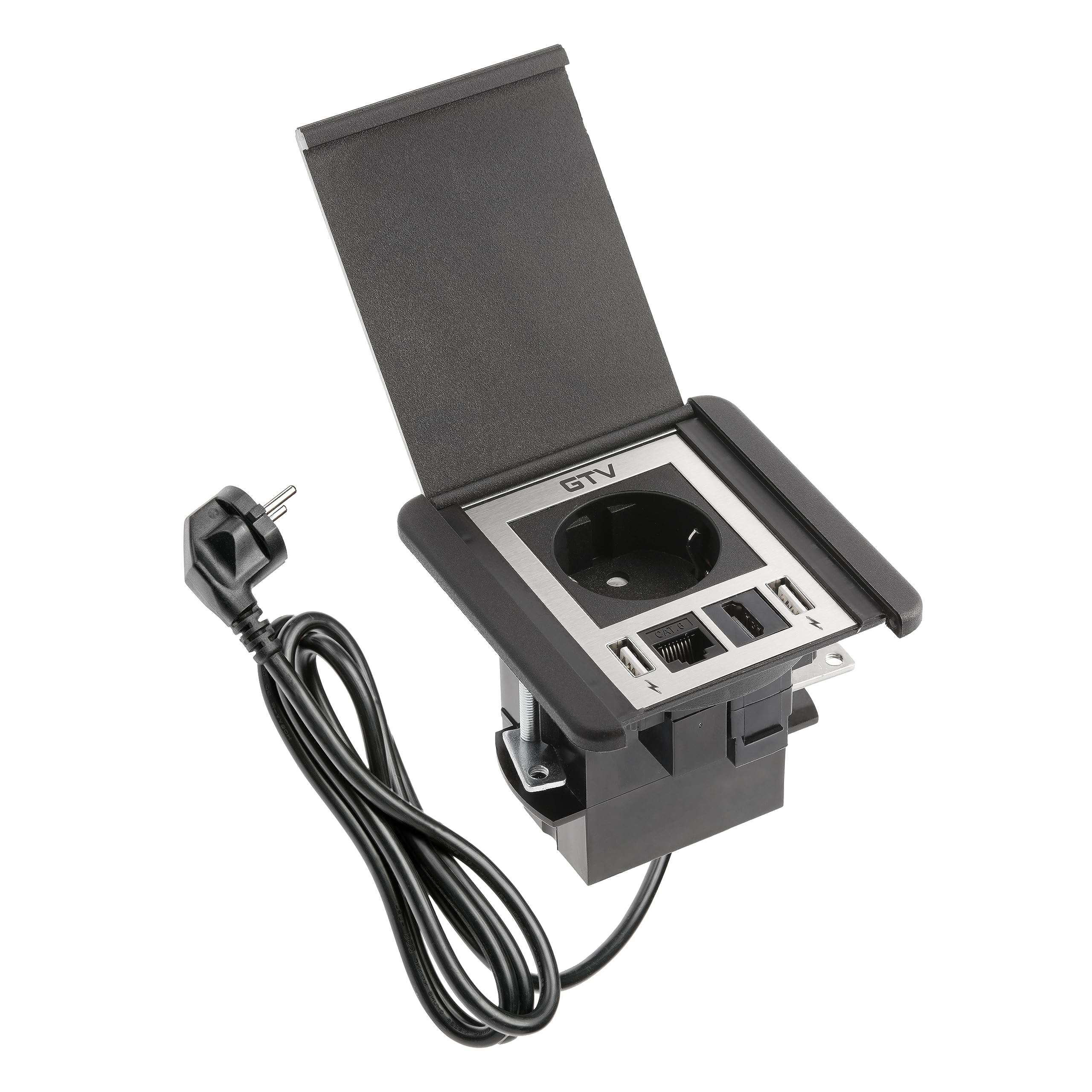 GTV - Möbelsteckdose FLIP, Einbausteckdose, 1x Schuko Steckdose, 2X USB A, 1x RJ45, 1x HDMI, Kabellänge 1,5m, Farbe Schwarz, für Schreibtische, Tischplatte, Küchen und Büro