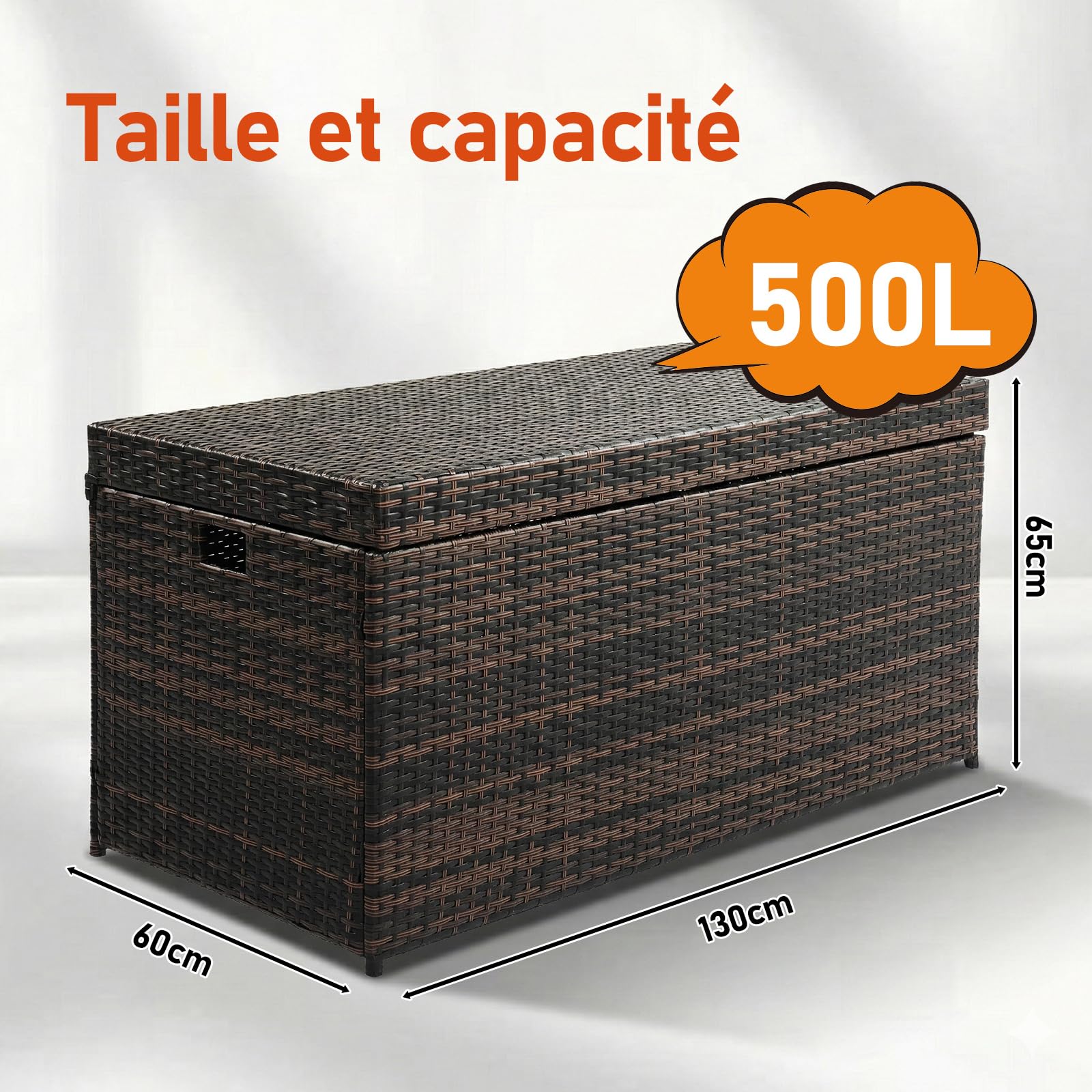 Coffre de rangement d'extérieur étanche 500 L aluminium polyrotin 130 x 60 x 65 cm résistant UV rouille marron
