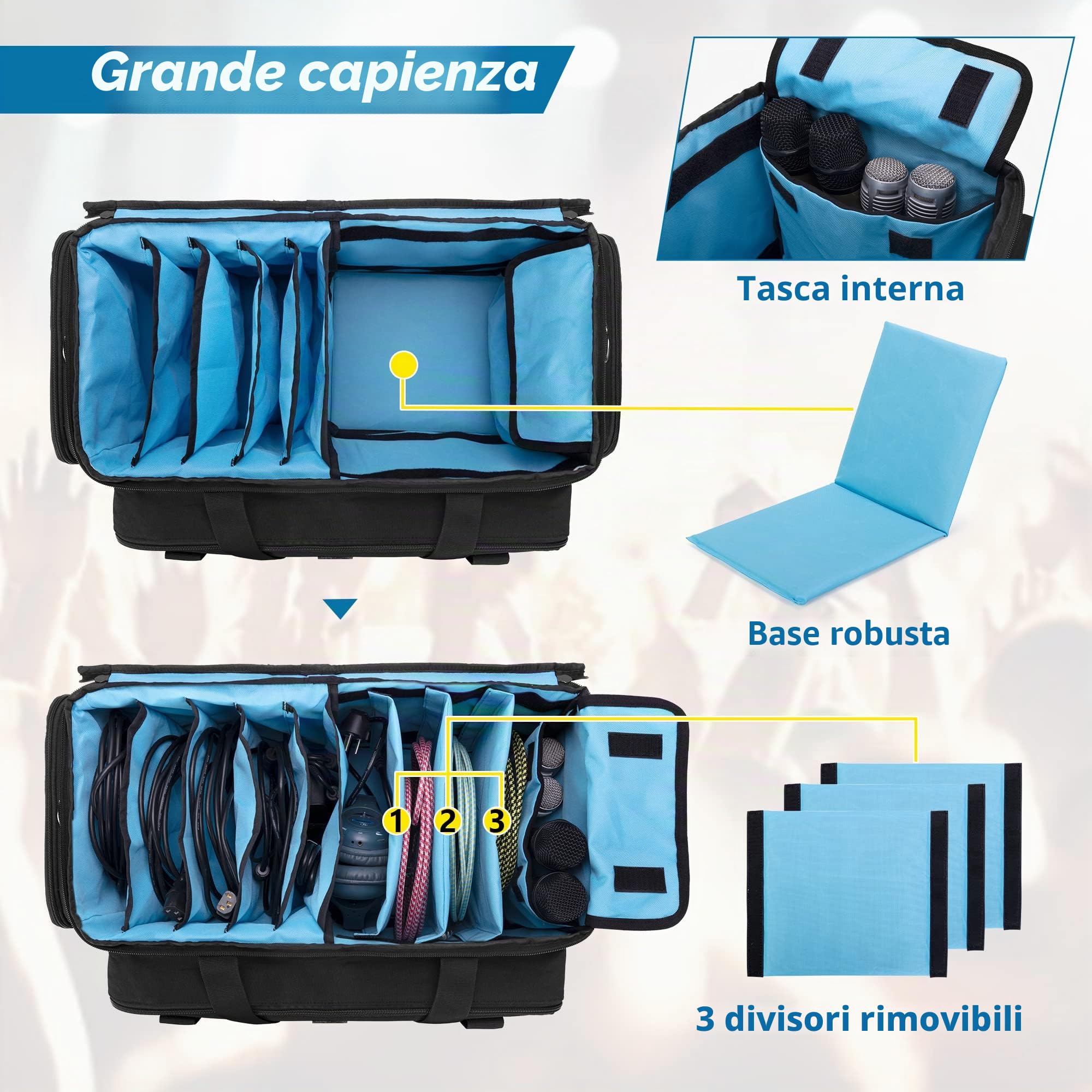 HODRANT Borsa per Cavi DJ, Grande Custodia per Cavi DJ con Robusto Fondo Imbottito e Divisori, Organizer da Viaggio per DJ Gear per Microfoni, Laptop da 14", Strumenti Musicali, Solo Borsa
