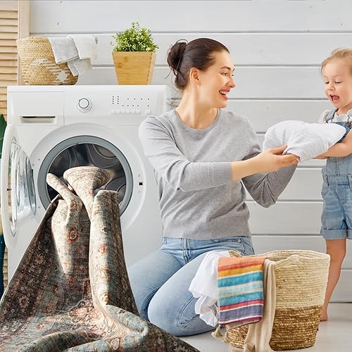 Miniatura 6 de Alfombra oriental lavable de 8 x 10 pies, alfombra suave para sala de estar, dormitorio, impermeable, floral, envejecida, resistente a las manchas,