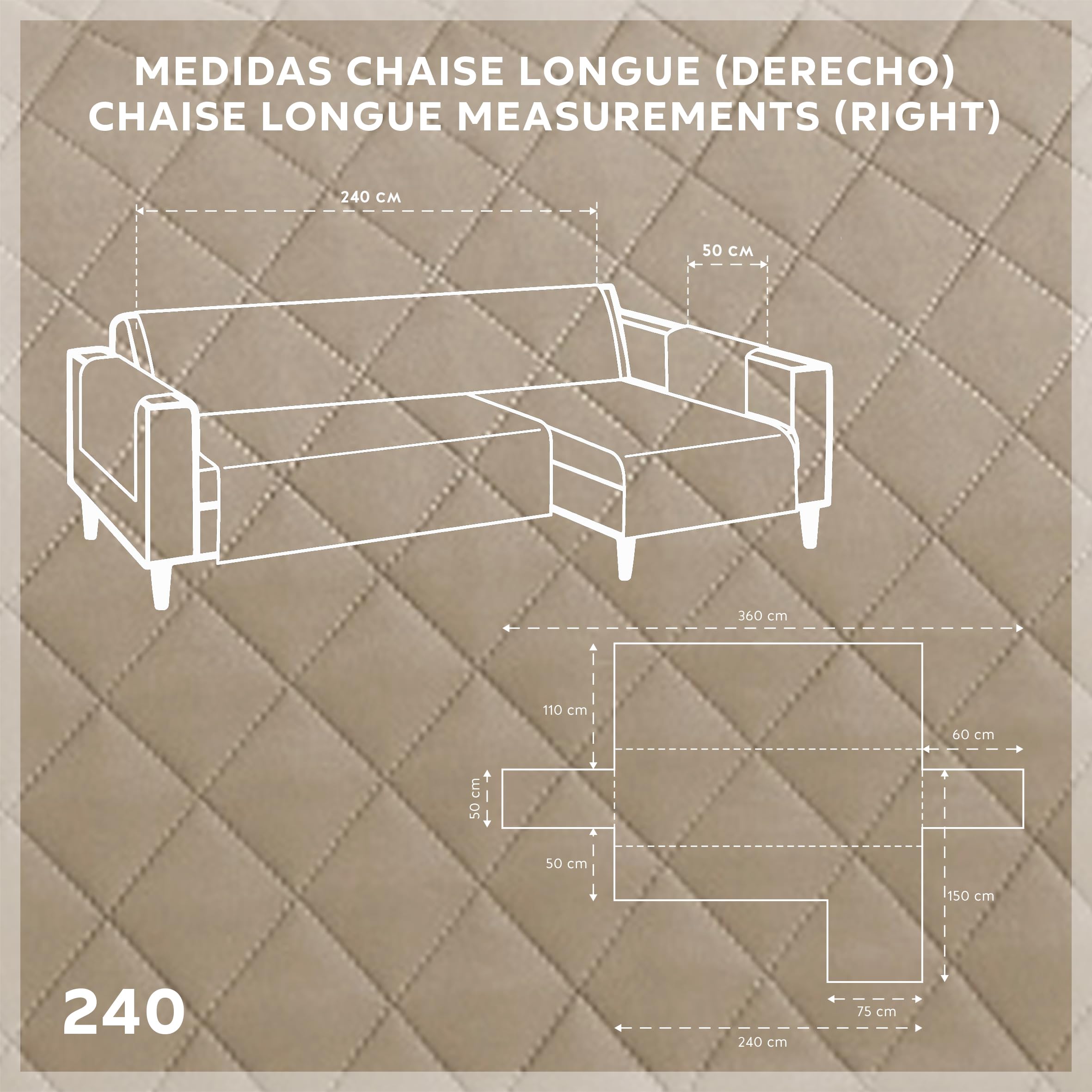 Textilhome Copridivano Chaise Longue con Penisola Malu 240cm – Salvadivano Trapuntato Universale con Bracciolo Destro, Protezione per Animali Domestici, Colore Beige (Visto da Davanti)