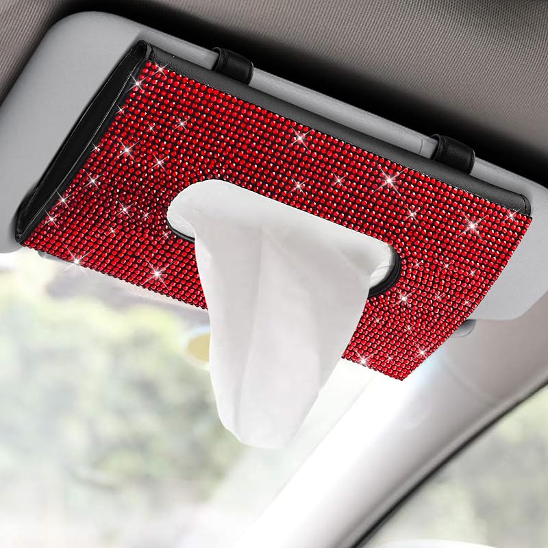 Porta-lenços para Para-Sol Automotivo HQRNYP em Couro Sintético PU com Cristais, Vermelho