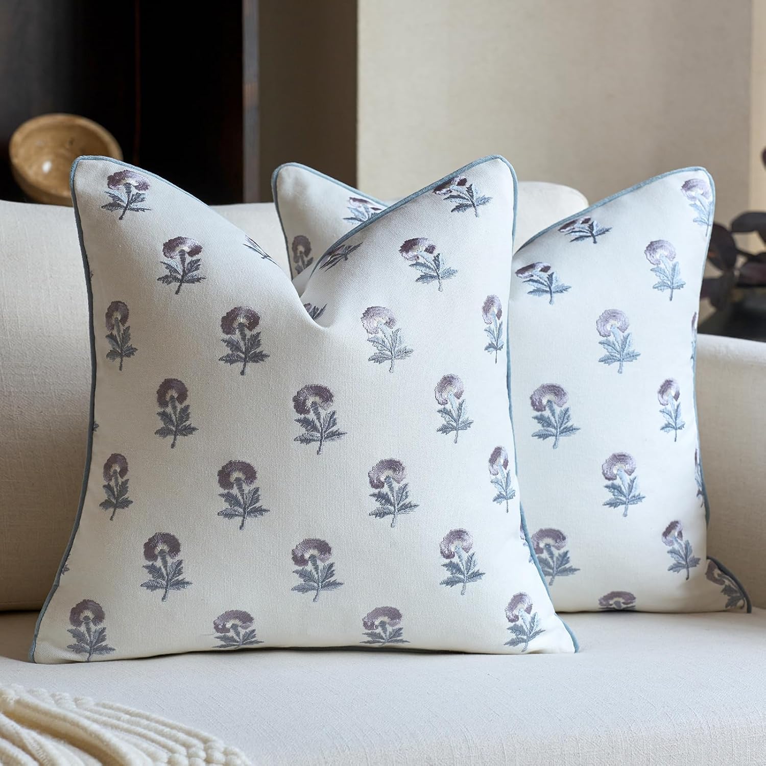 Embroidered Floral Pillow Covers 18x 18 Set of 2 Cotton Farmhouse Throw Pillow Covers with Piping Edge Decorative Cushion Covers for Sofa Couch Bedroom Living Room, Azure Grey