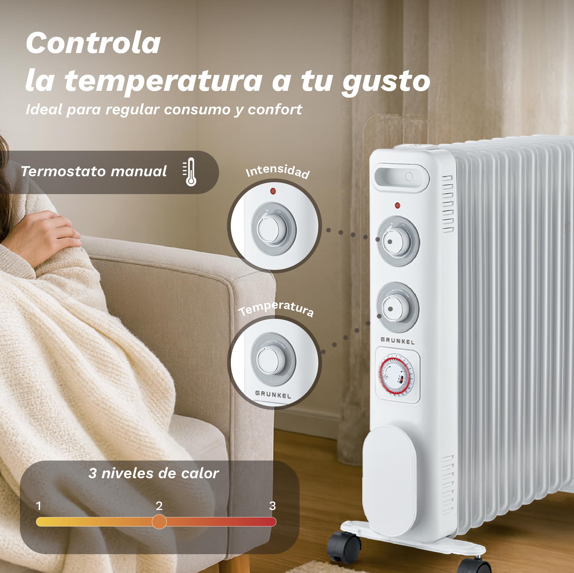 GRUNKEL RD-2000S Radiador de Aceite, 2000W-2500W, 9 Elementos, 3 Niveles de Potencia, Temporizador 24h, Termostato Regulable, Ruedas Multidireccionales