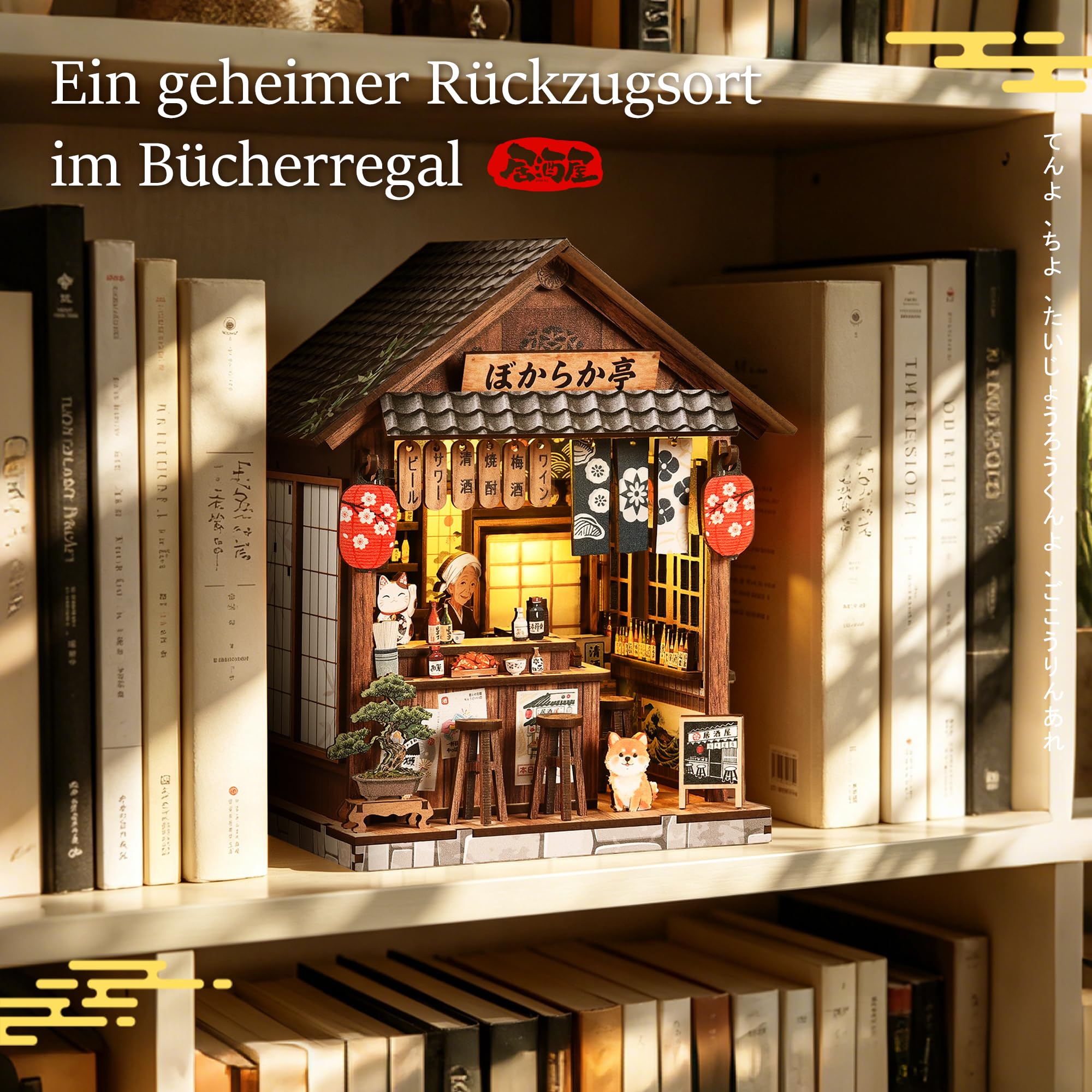 Book Nook Kit Japońskie Izakaya ze światłem LED | Drewniane puzzle 3D | Miniaturowa scena Japonii | Dotykowe światło LED | Kreatywne DIY | Dekoracja regału