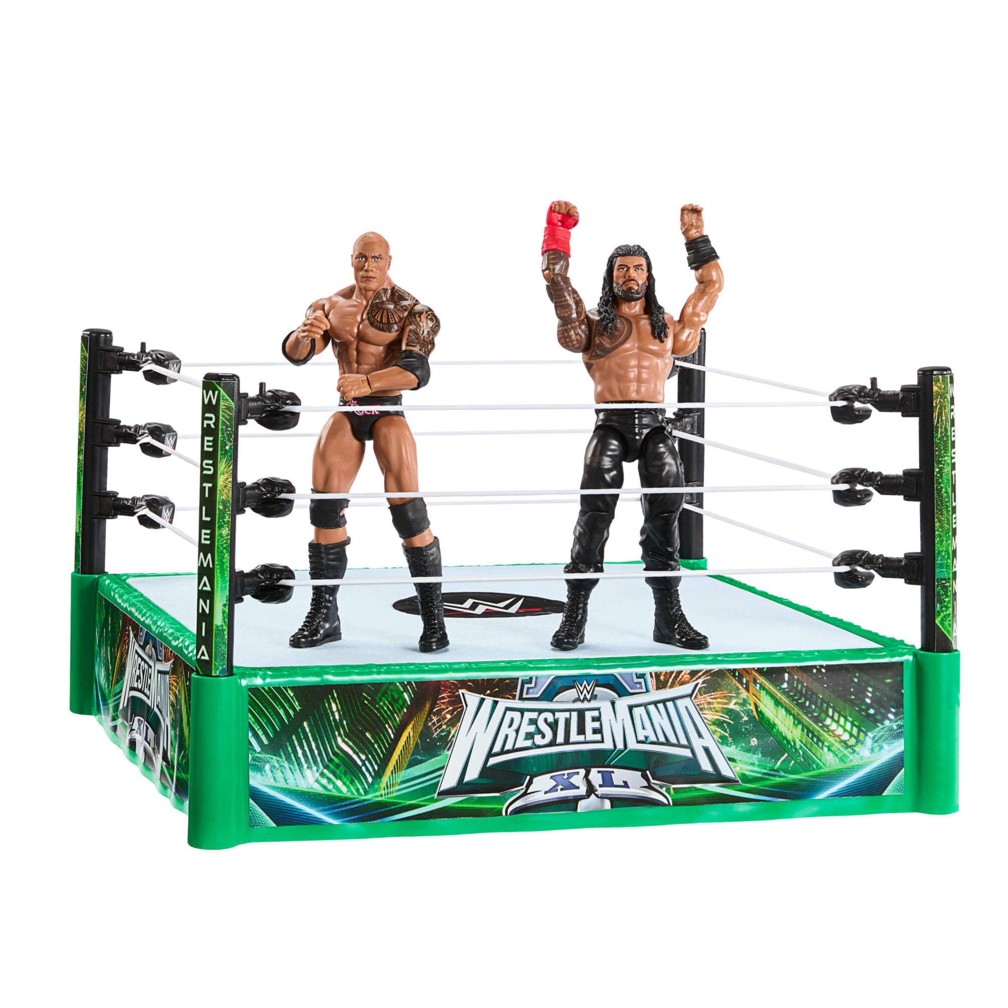 Mattel WWE Bloodline Rules Conjunto de Juego con Ring y 2 Figuras de acción coleccionables de 15cm de Las superestrellas The Rock y Roman Reigns, JDB55