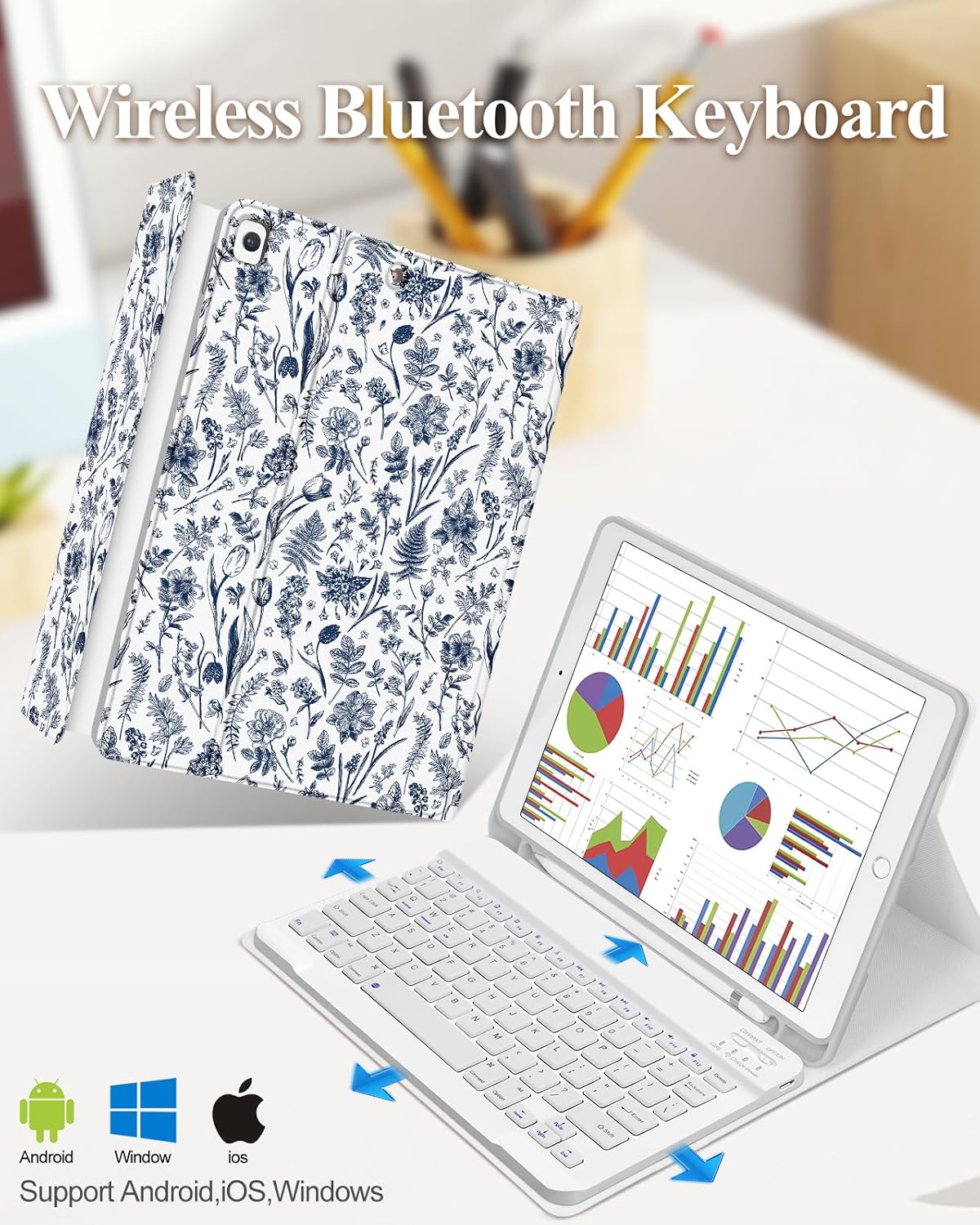 for iPad 9th/8th/7th/Air 3rd Generation/Pro 10.5 Inch Case Keyboard Pencil Holder Folio Tablet Cover Women Girl Cute Girly Teen Kawaii Blue Floral Unique Design for Apple 10.2 & 10.5 Inch - Image 6