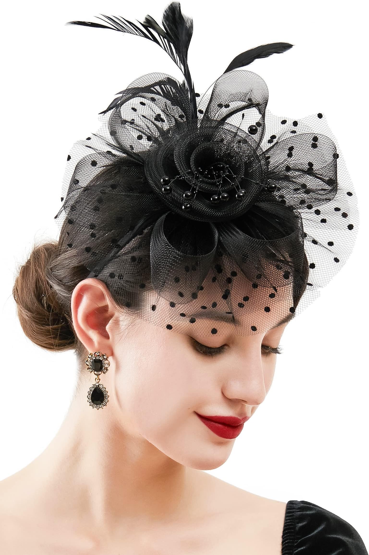 ZivyesFeather Fascinator Headband for Women Tea Party Derby Pillbox Hat with Flower Beads Dot Net and Veil
