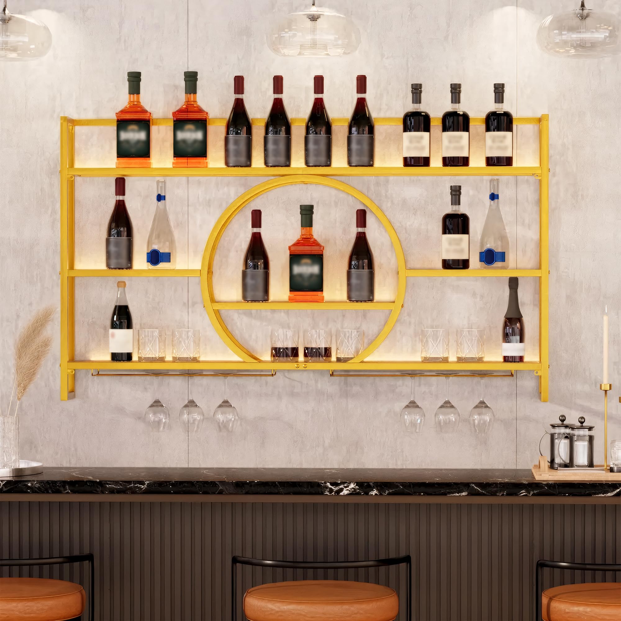 UEV Porte-Verre à Vin en Métal 140cm, Porte Bouteille Mural Industriel, Casier à Vin, avec Lumière LED de 15 Couleurs, Range Bouteille Vin, pour Salle à Manger, Cuisine, Bar (Or, 140x15x80cm)