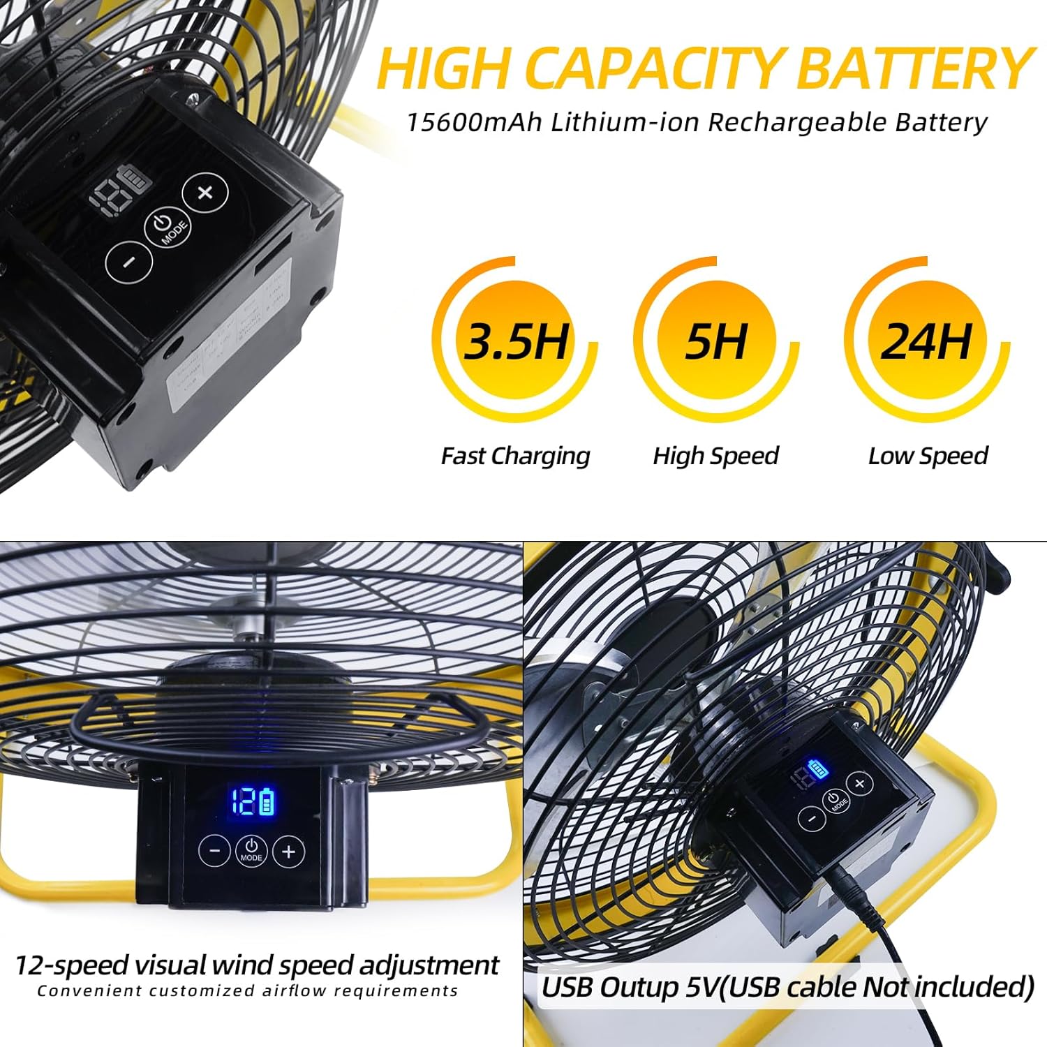 12 Inch Battery Operated Floor Fan - Rechargeable Powered Fan Portable High Velocity Metal Blade Fan