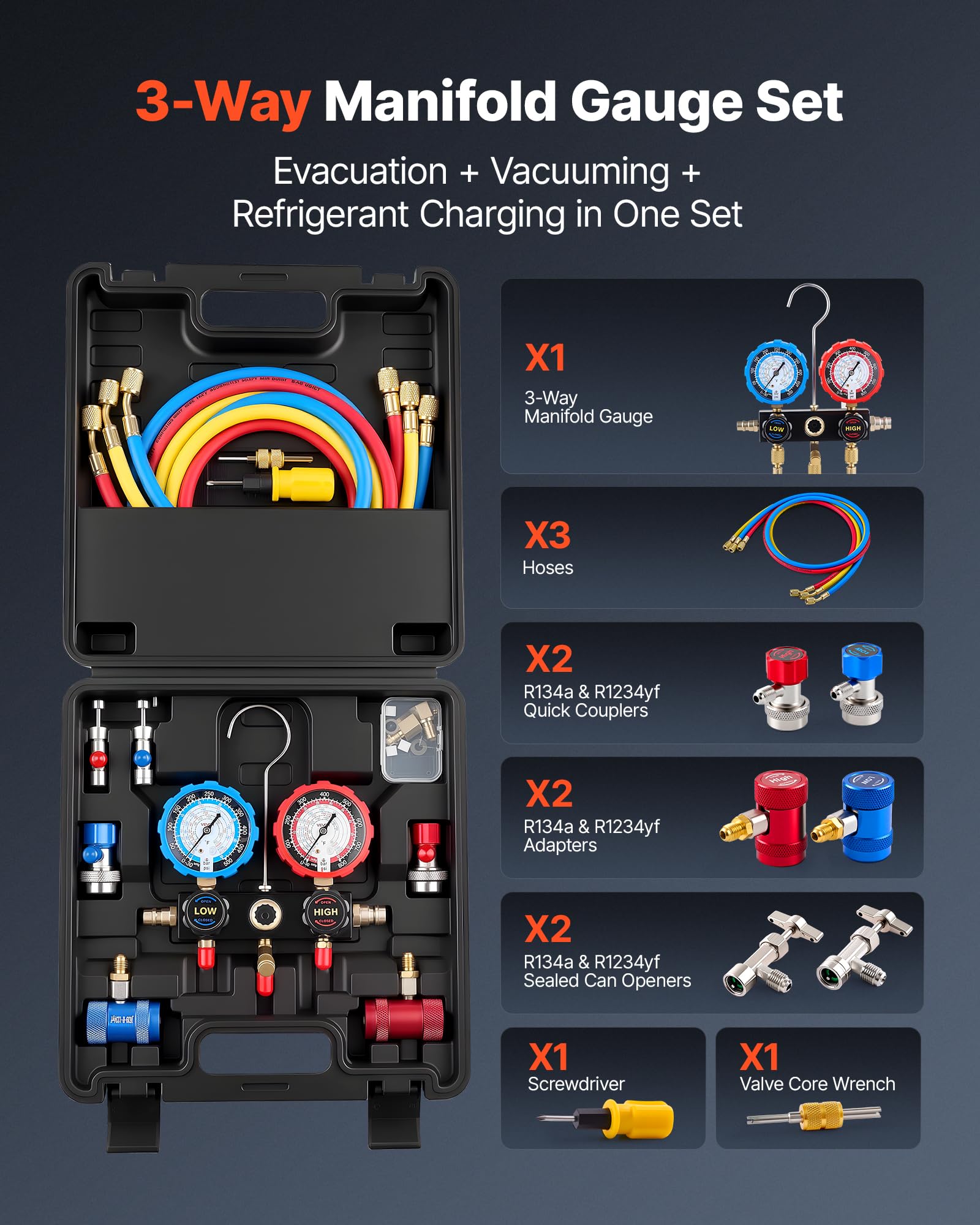VEVOR Kit de Recharge de Réfrigérant de Climatisation Automobile R134a R404A R1234yf R22, Manomètre Frigoriste 3 Voies, pour Fluide Frigorigène, avec Flexibles, Adaptateurs, Raccords Rapides Robinets