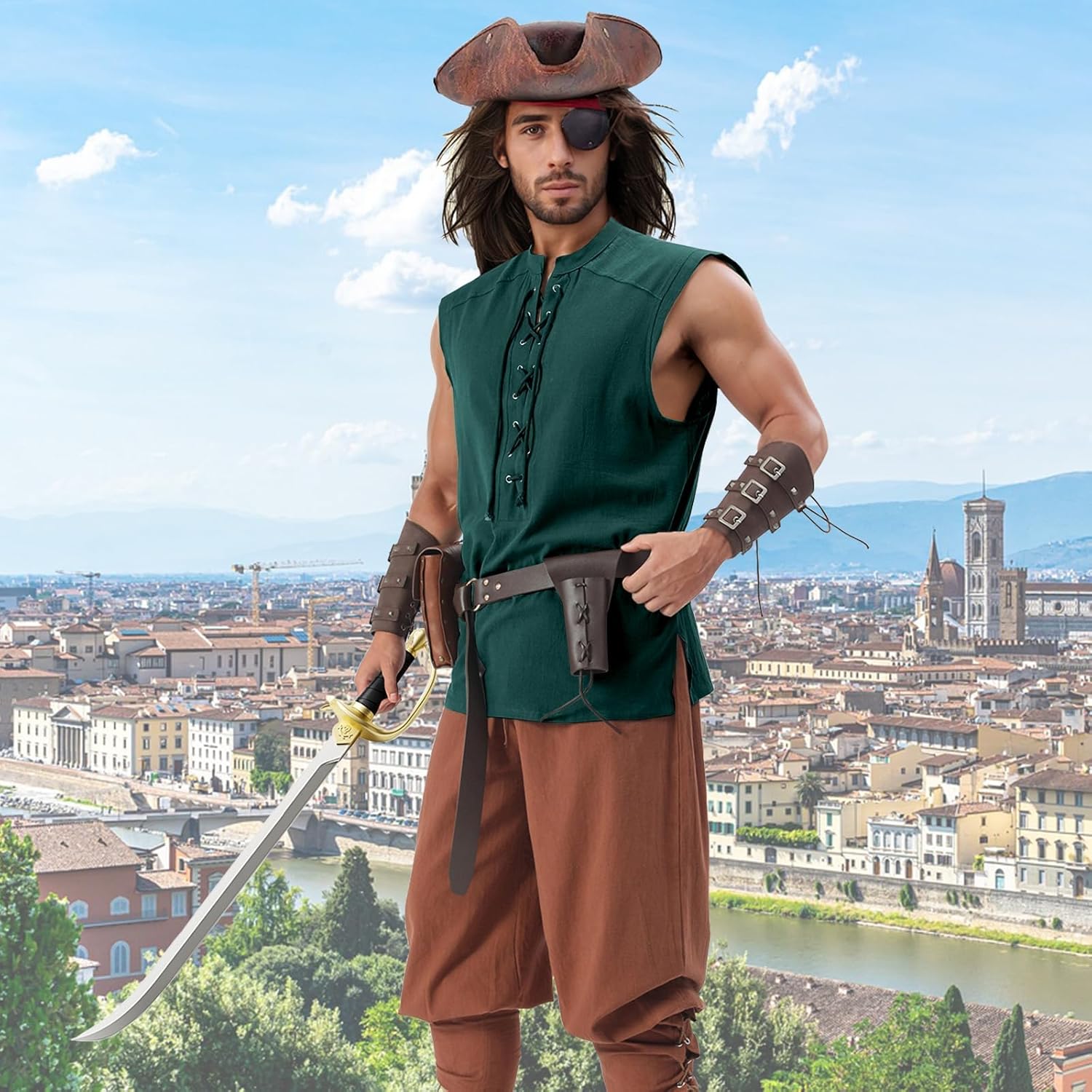 Mens Medieval Pirate Lace-up Sleeveless Shirt, Renaissance Viking Stand Collar Top, Steampunk Gothic Costume Tunic - Image 4