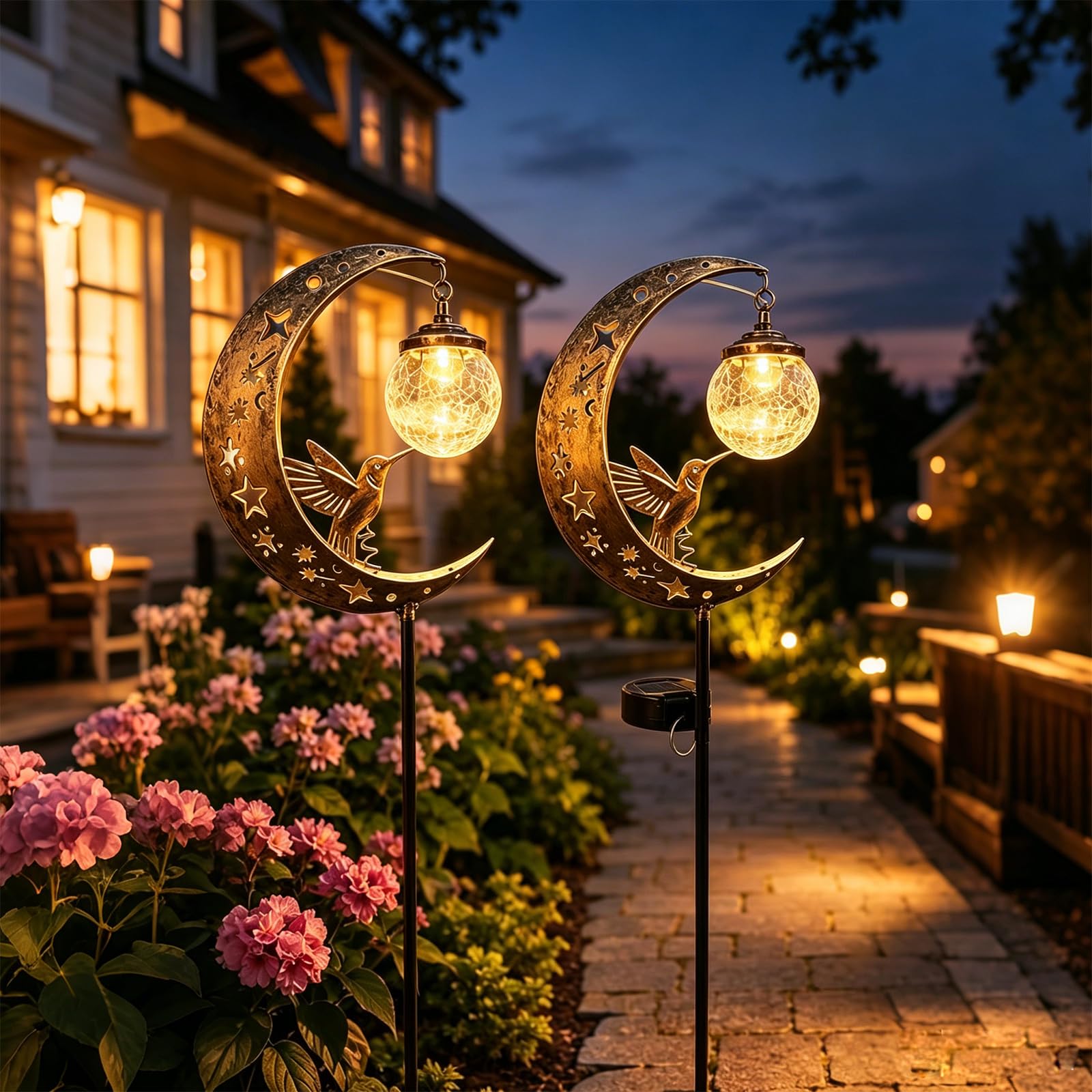 Solarlampen für Außen, Gartendeko für Draußen, Wetterfest Mond Solar Lichter mit Kolibri und Glaskugel, Schäferhaken für Braußen Gehwege Hof Terrasse Garten deko (3 Stück)