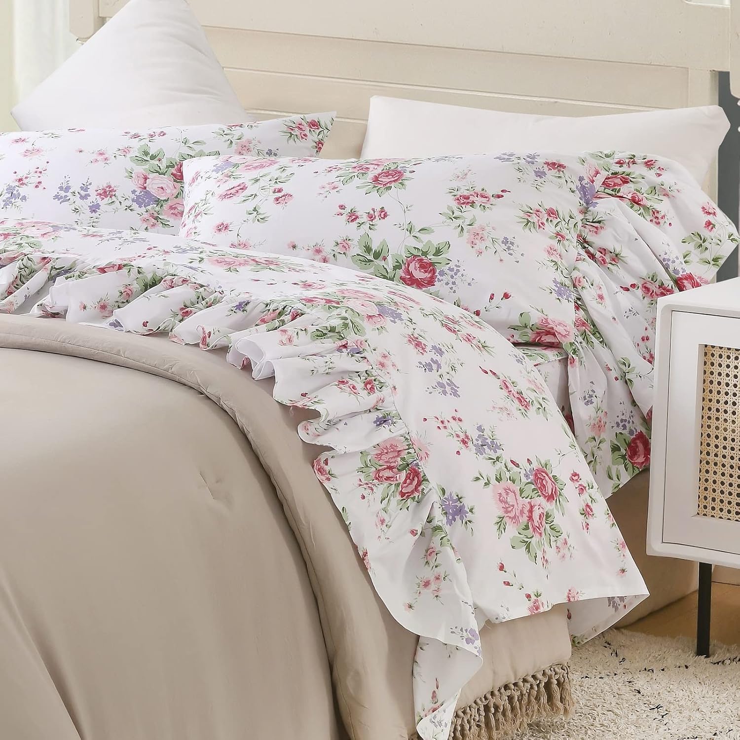 Queen's House Ruffle Floral Bed Sheet Sets 4-Piece Romantic Roses Printed Shabby Vintage Chic Bedding Sheets Girls Deep Pocket Set King Size-Style L