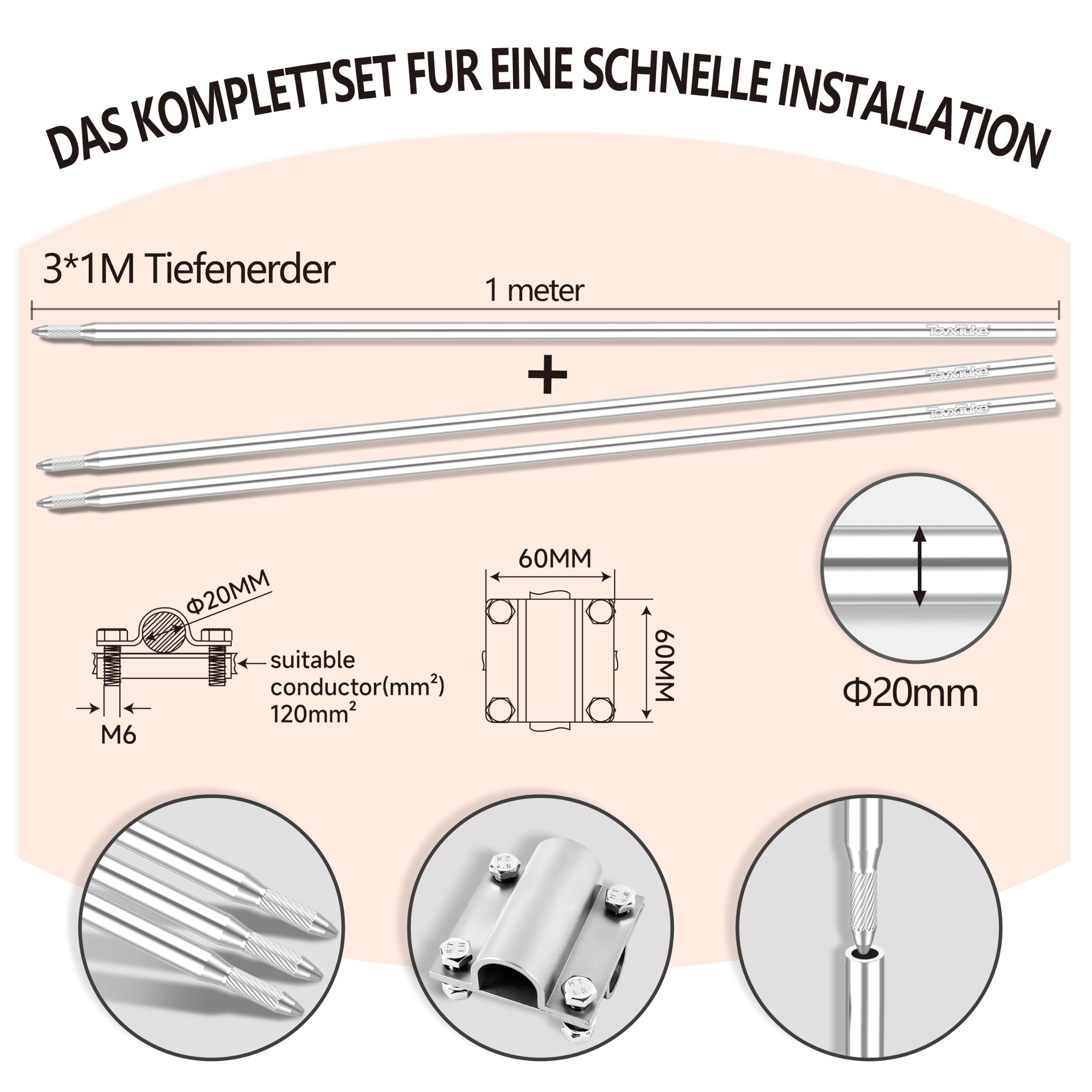 TovxTuke Tiefenerder V4A Edelstahl Set 3M Ø20 inkl. Schlagkopf & Klemme