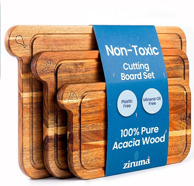 Non Toxic Cutting Boards - Cutting Board Set Free of Mineral Oil, Made of FSC Acacia Wood - Cutting Boards for Kitchen - Includes 3 Chopping Boards. By Ziruma