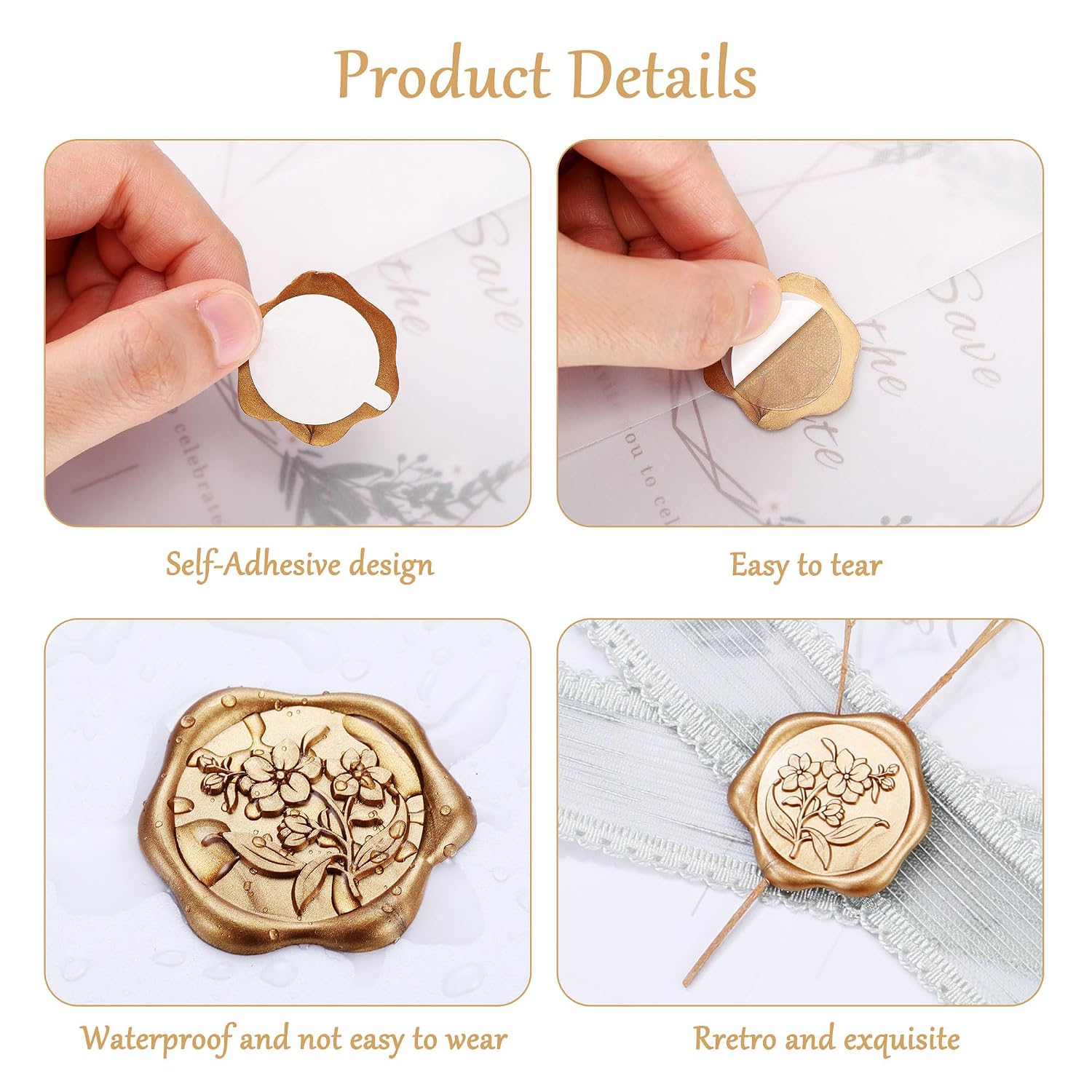 Yoption Orchid Flowers Wax Seal Stickers, 50 Pack Antique Gold Wax Seal Stickers Self Adhesive Envelope Seals for Wedding Party Birthday Christmas Invitations