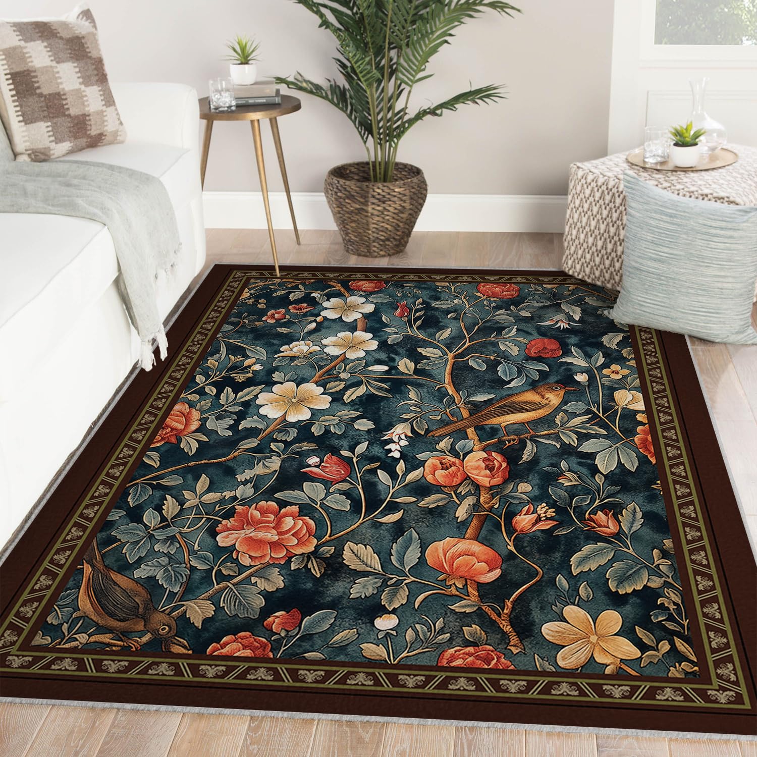 Nadający się do prania dywan 200 x 300 cm, dywan powierzchniowy do salonu, vintage, botaniczny, piwonie, ptak, do sypialni, miękki, boho, antypoślizgowy, z gumowym spodem, płaskie runo, do jadalni