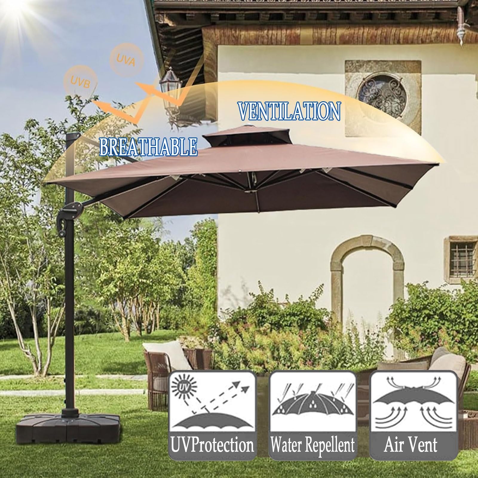 ESOYAWE Coperture per Ombrelloni Decentrato da Giardino, Quadrato 3x3m 2.5x2.5m 8 Stecche Telo in Poliestere Impermeabile Anti-UV, Top Telo di Ricambio Superiore per Ombrellone Esterno(Khaki,3x3m)