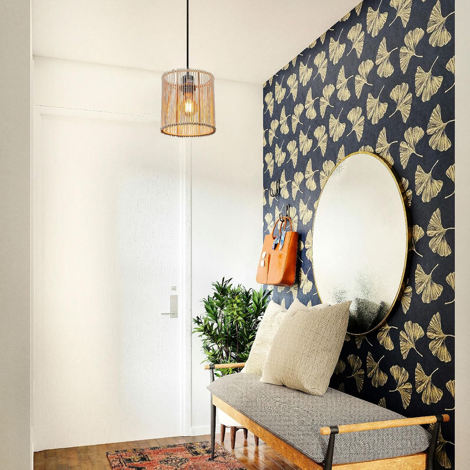 Woven Wicker Hanging Drum Lamp Shade, Tall Oval, Bamboo Lampshade for Table/Nightstand or Bedside Lamps Floor Lights (1, Beige brown)