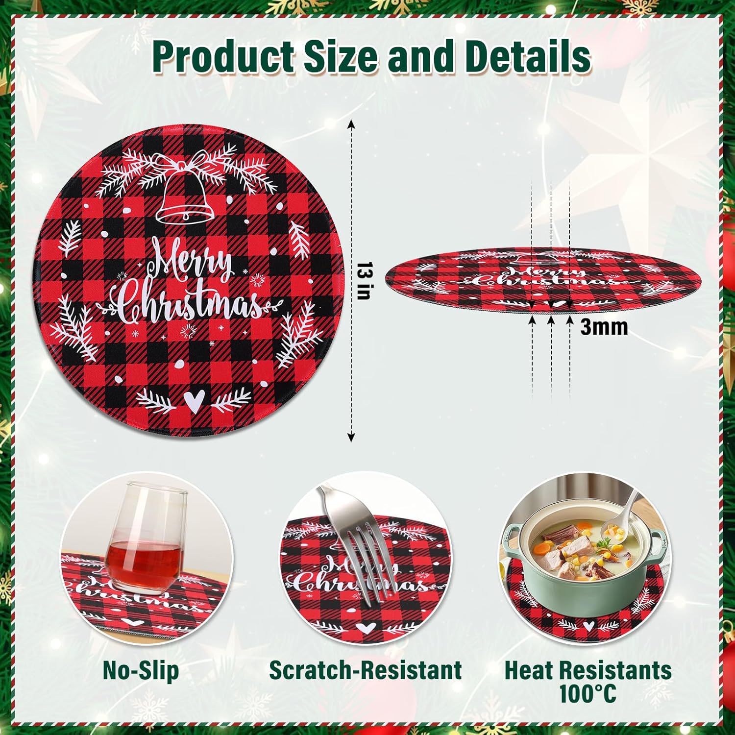 Christmas Placemats Set of 6 Round Holiday Table Mats 13 Inch Heat Resistant Wipeable Waterproof Placemats Washable Xmas Bell Dining Table Mats for Home Kitchen Parties Decor Merry Christmas Placemats