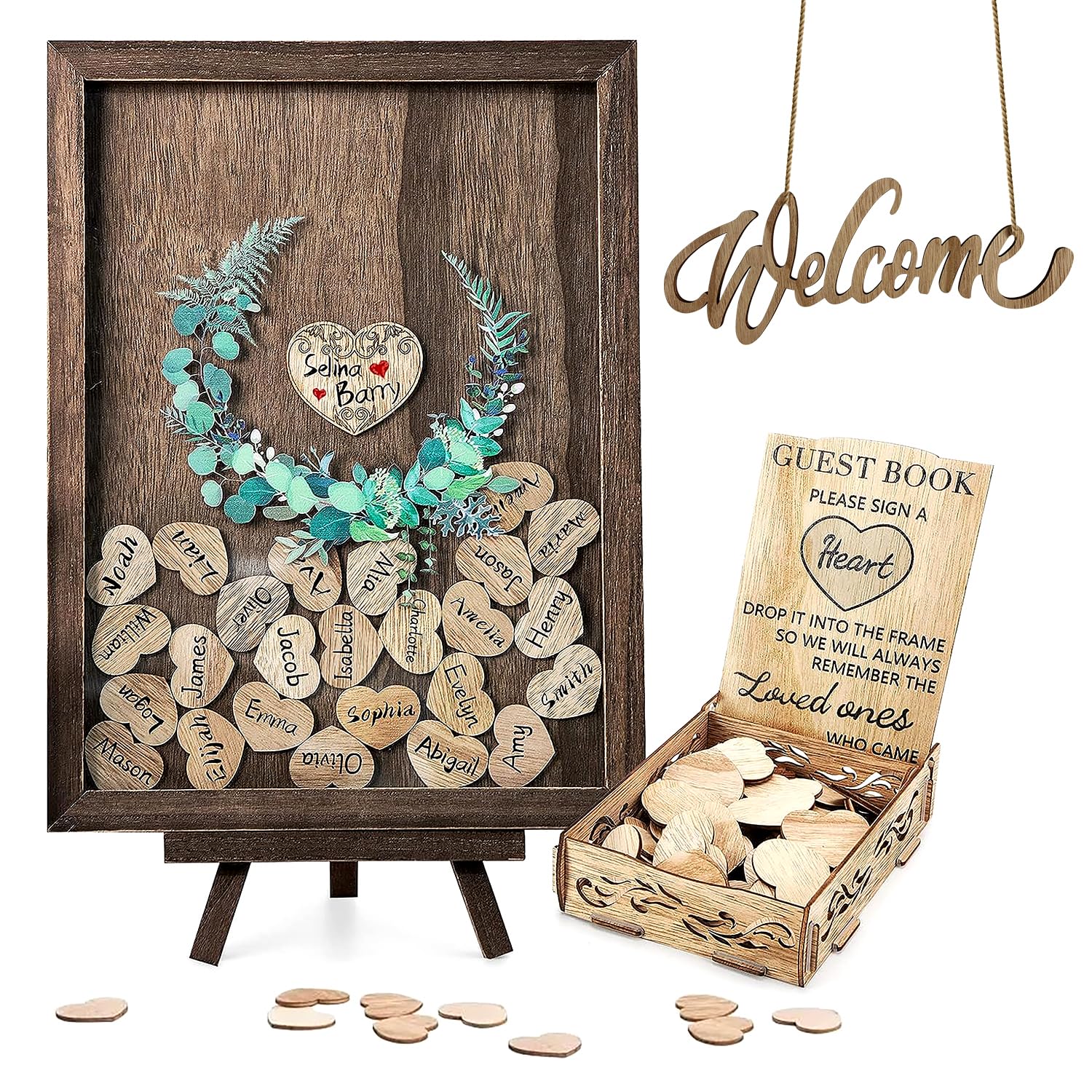 VIVALEA Wedding Guest Book Alternative, Rustic Wedding Decorations Kit for Reception, 80 Wooden Hearts Green Wreath & Welcome Wooden Sign (Rustic Brown)