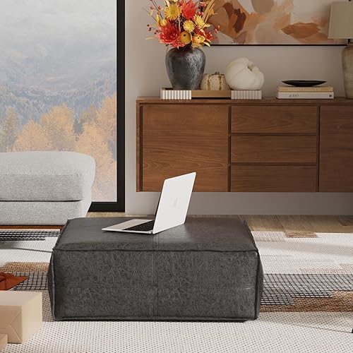 Miniatura 75 de SIMPLIHOME Brody - Puf cuadrado grande de 30 pulgadas de ancho, color gris envejecido, otomana de piel sintética vegana, reposapiés o asiento