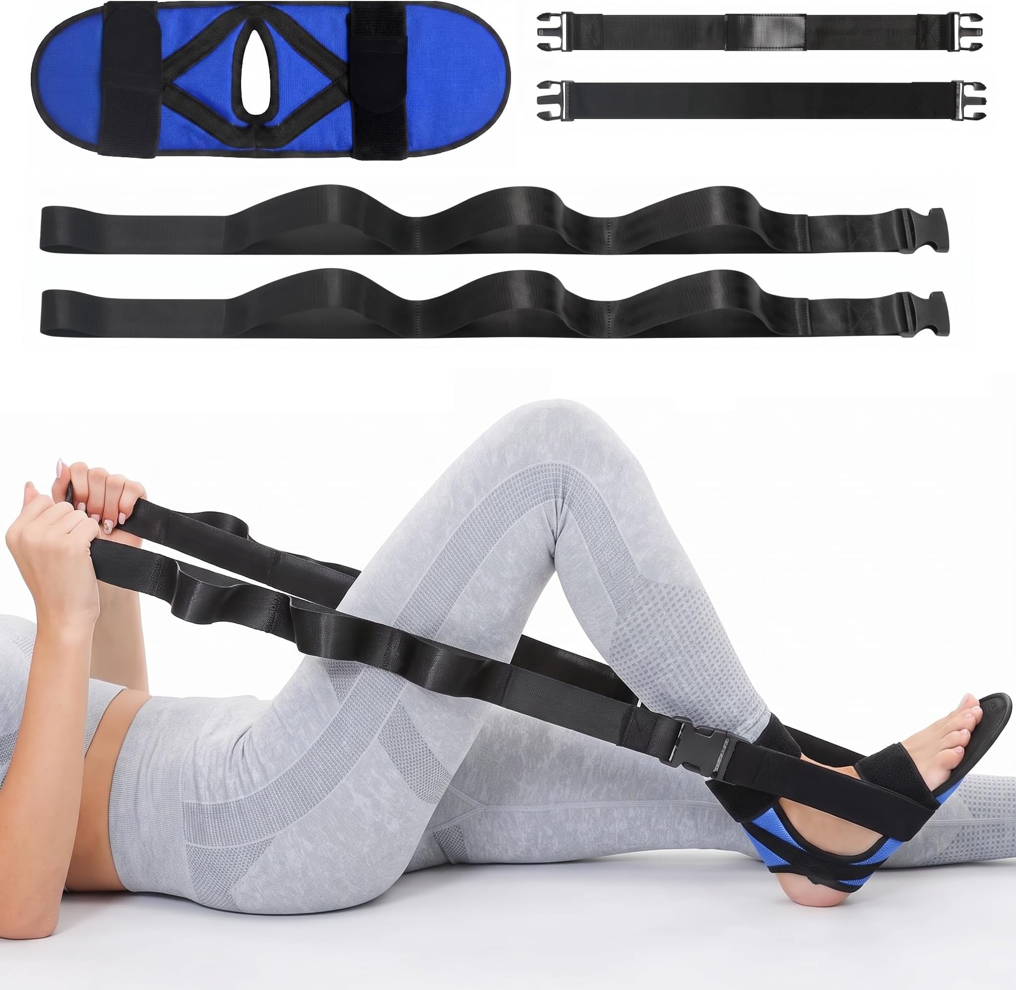 Lumia Wellness Foot and Calf Stretcher for Plantar Fasciitis, Includes Massage Ball, Achilles Tendinitis, Foot Drop, Yoga Foot & Leg Stretching Strap (Blue)