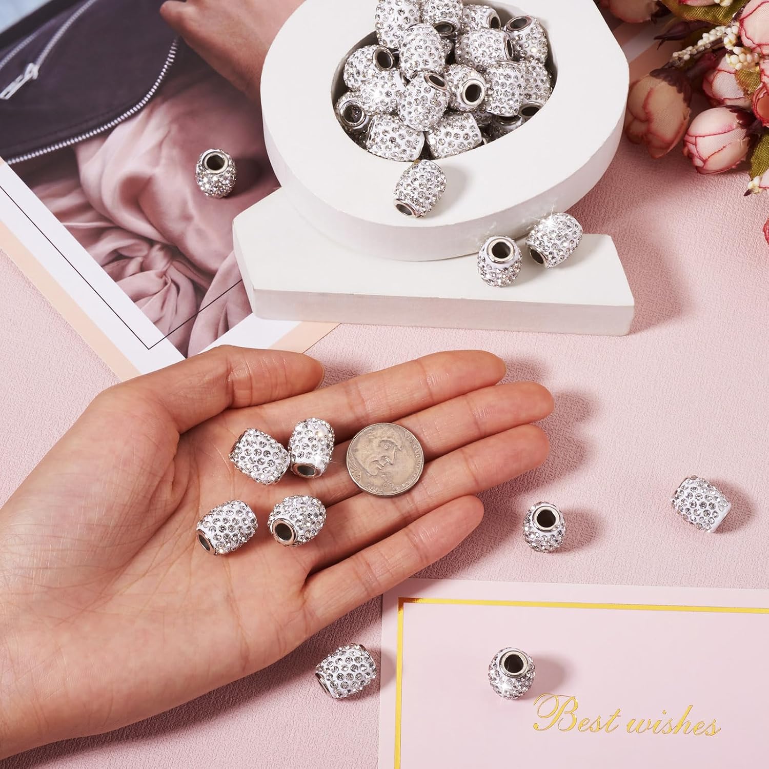 Rhinestone Large Hole European Beads Craftdady 100Pcs Crystal Pave Clay Rhinestone Barrel Beads 5mm Big Hole Loose Spacer White European Bracelet Bead for DIY Craft Jewelry Making