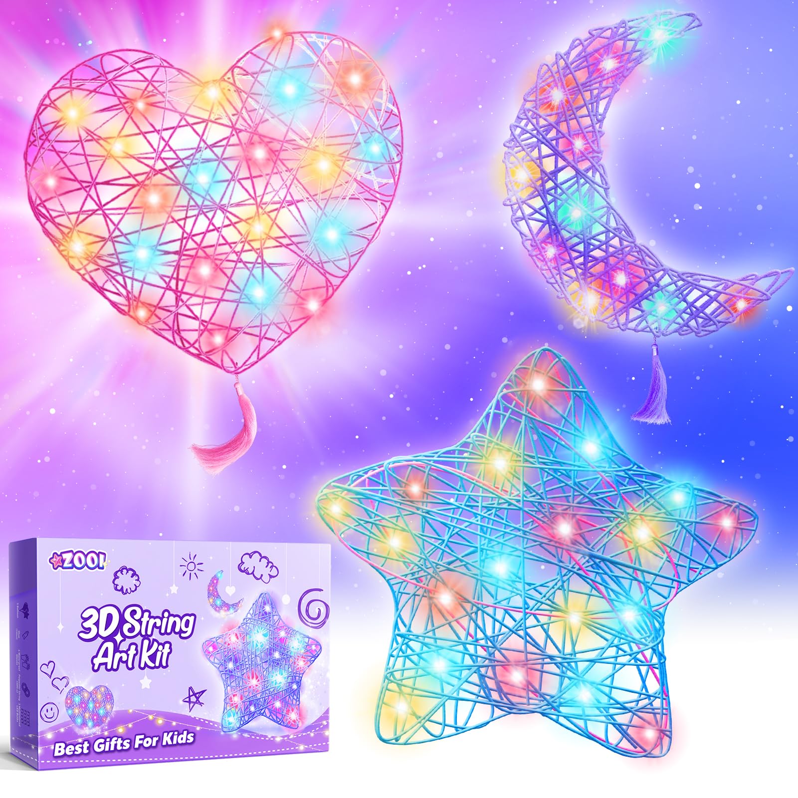 ZOOI Arts and Crafts for Kids Girls Ages 8-12, 3D String Art Kit for Kids Ages 8-12, Girls Toys 8-10 Light Up String Light Toys, Birthday Gifts for Girls Age 8-12, Gifts for 8-12 Year Old Girls